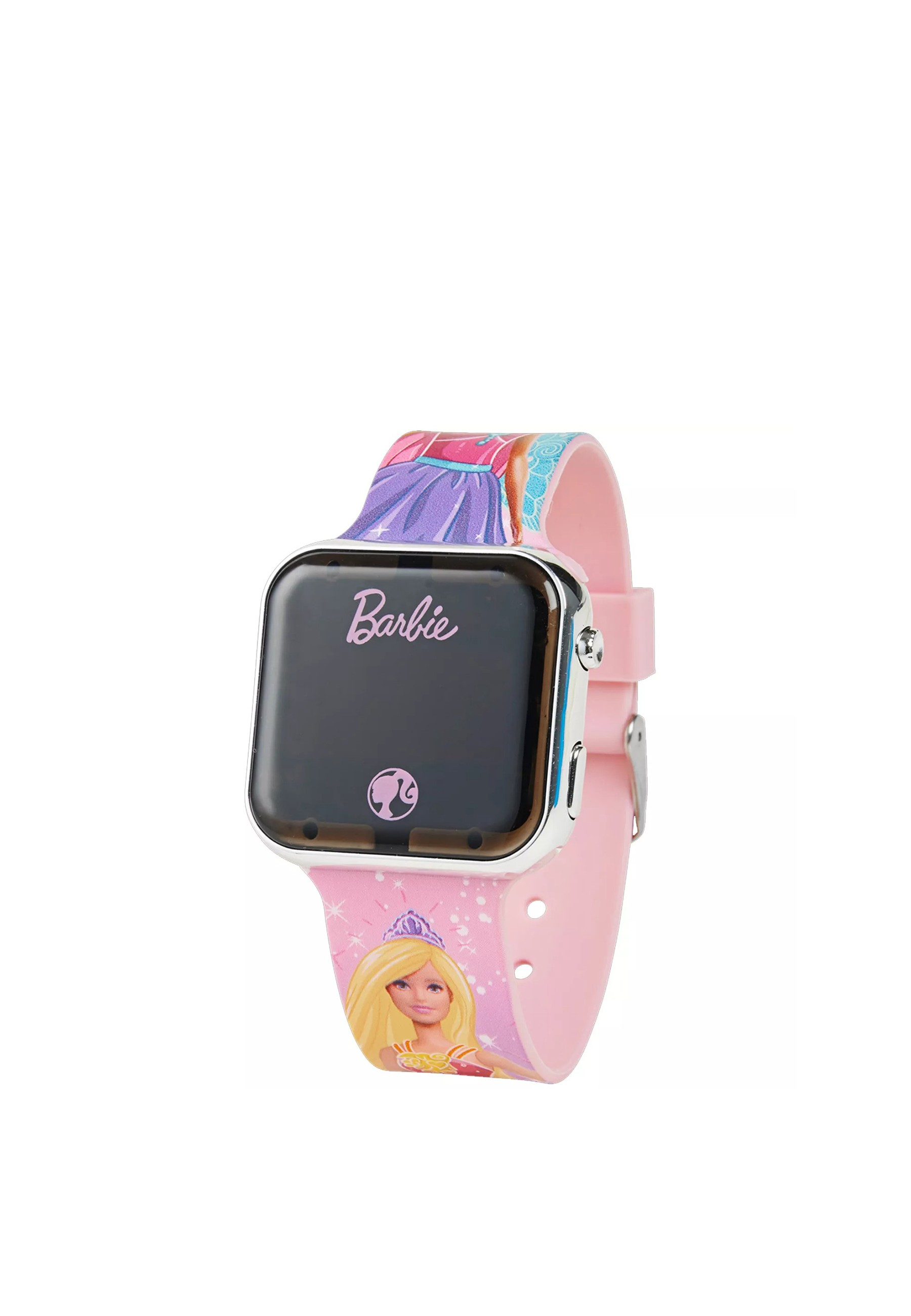 Montre Barbie rose avec un bracelet rose, montrant le logo et l'image Barbie.