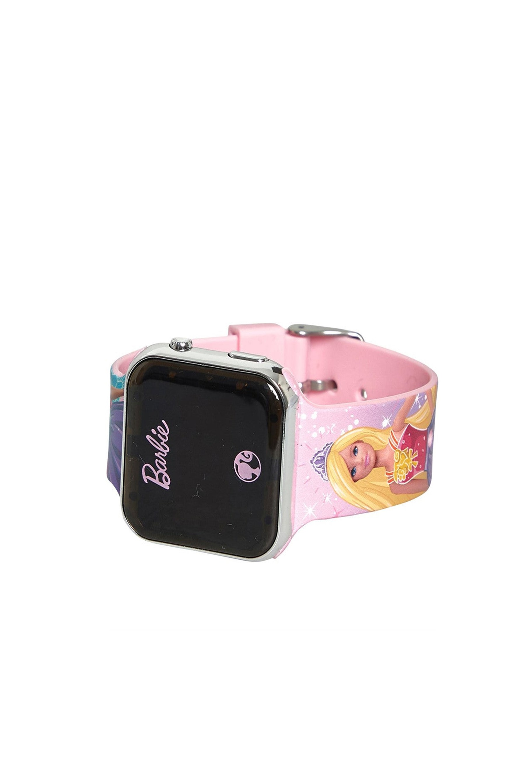 Une montre connectée Barbie rose. La montre a un écran noir et un bracelet rose.