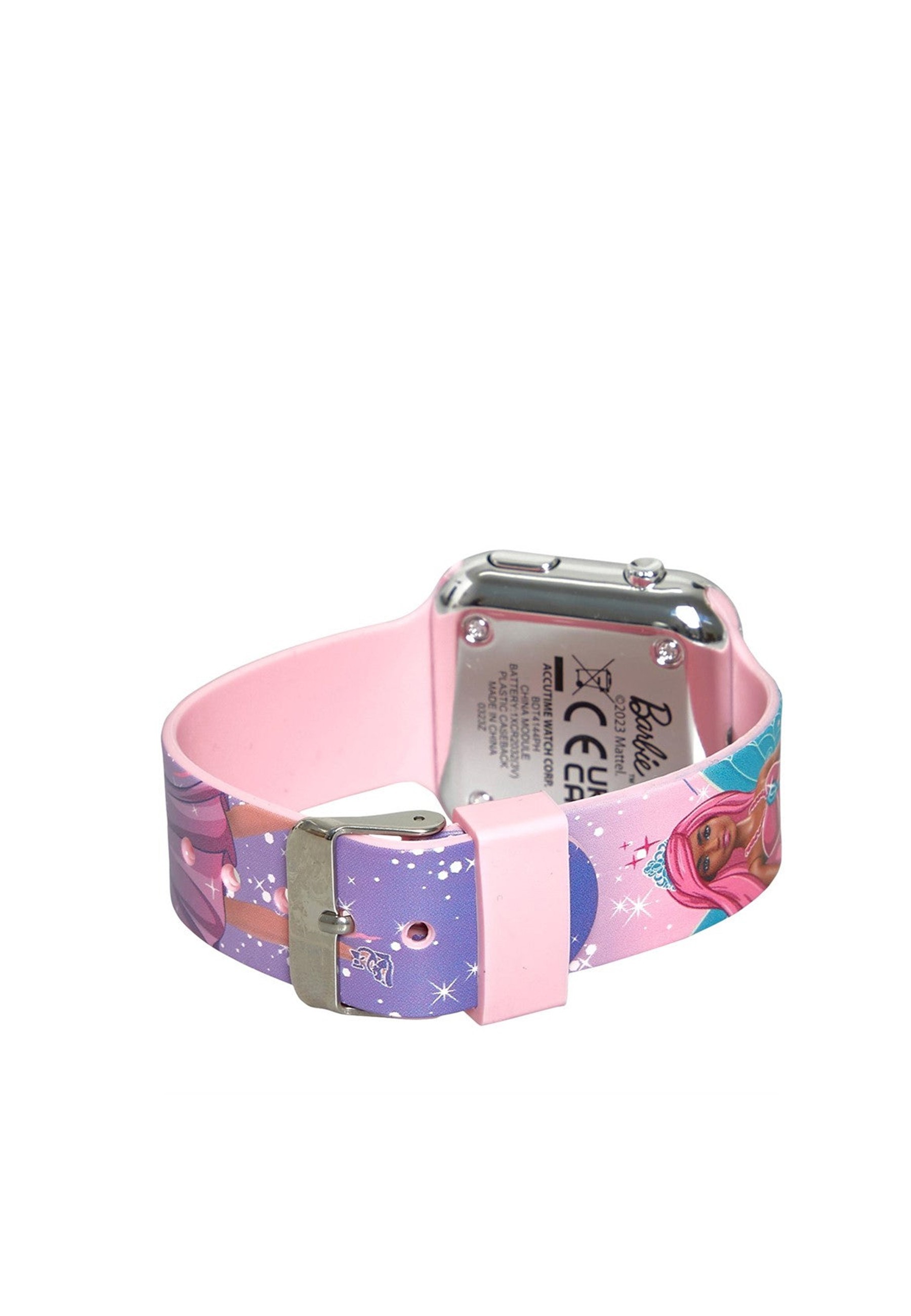 Une smartwatch Barbie rose et violette, avec un bracelet rose et une boucle argentée. Le fond est blanc.