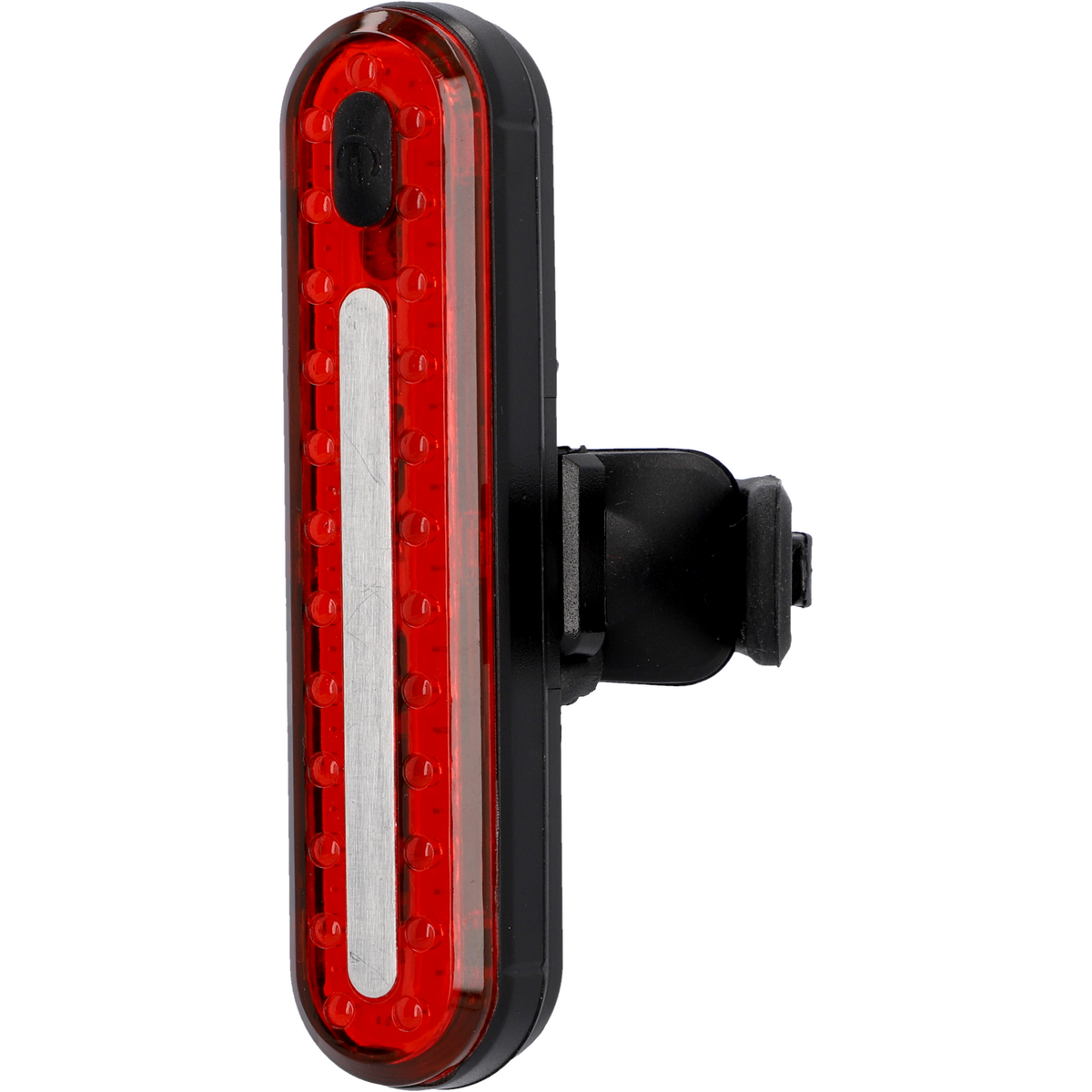 Ein rotes Fahrradlicht mit schwarzem Rahmen und Halterung.