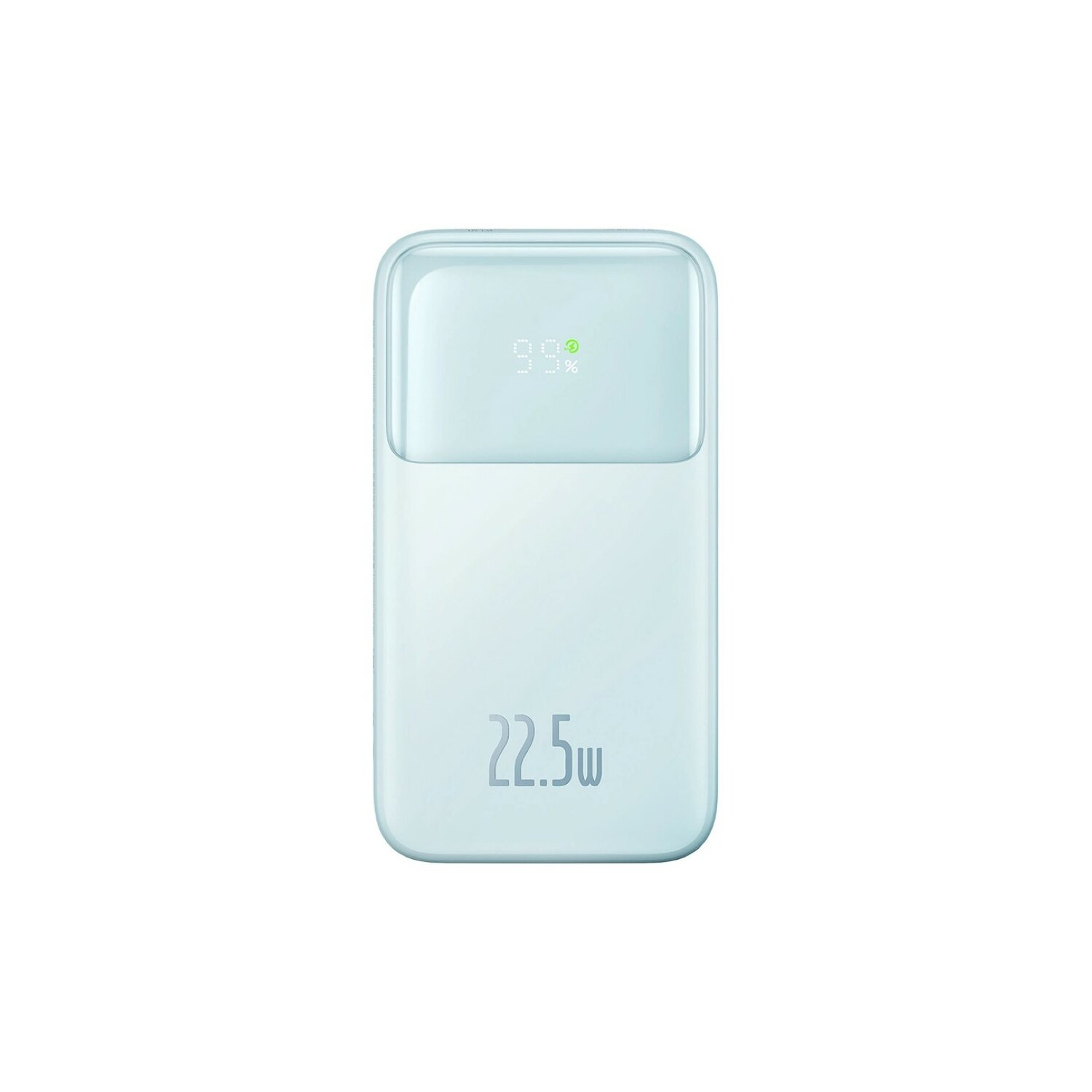 Power bank bianco e blu con display digitale che mostra il 98% di carica.