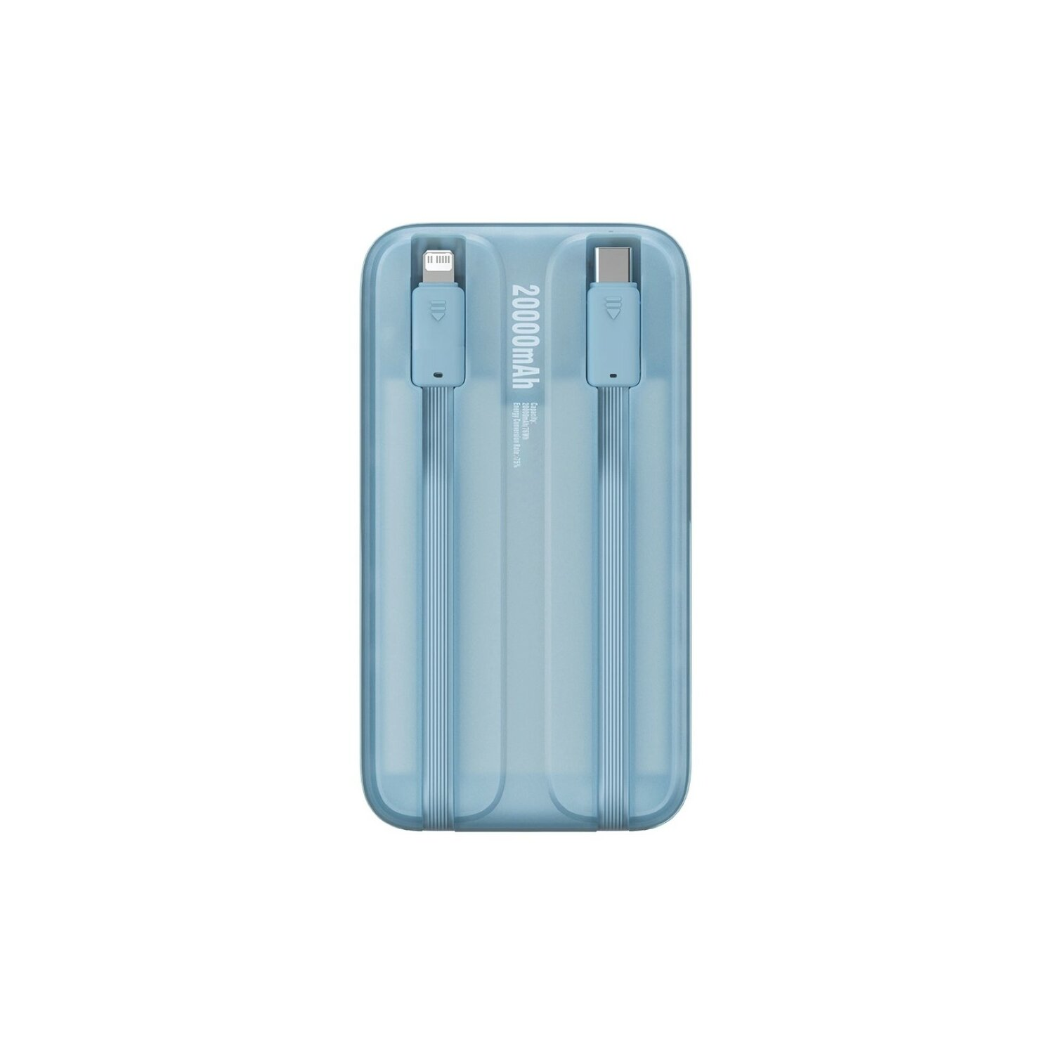 Power bank blu chiaro con due porte di ricarica.