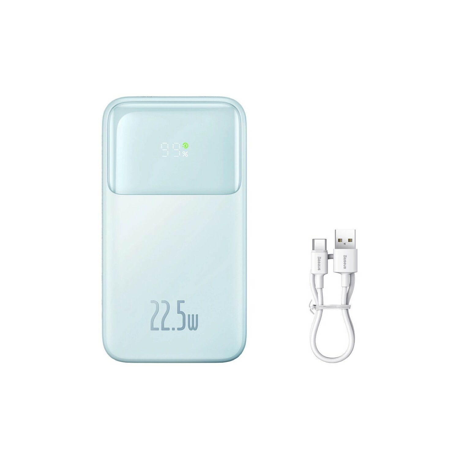 Power bank blu con cavo USB-C. Il display mostra il 99% di carica. Testo: 22,5 W.