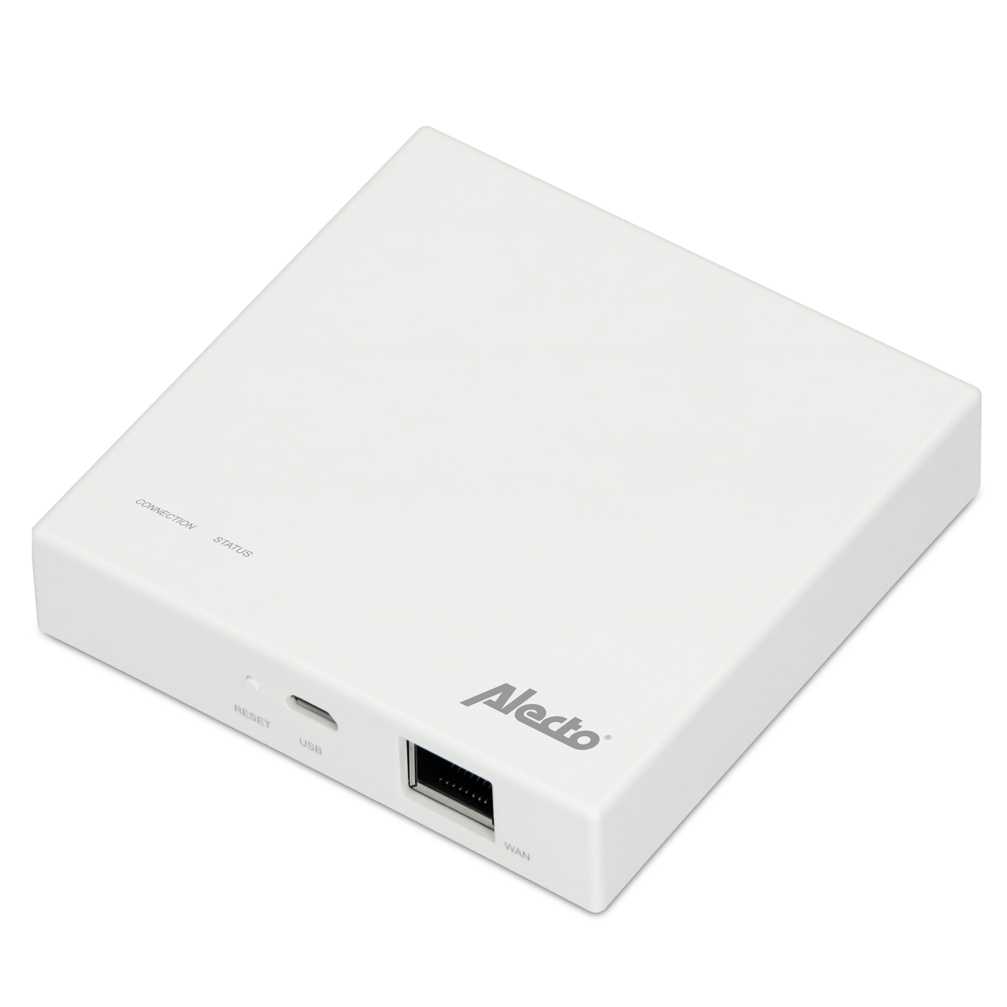 Ein weißes rechteckiges Gerät mit 'Alecto' darauf und Anschlüssen mit der Beschriftung USB und WAN.