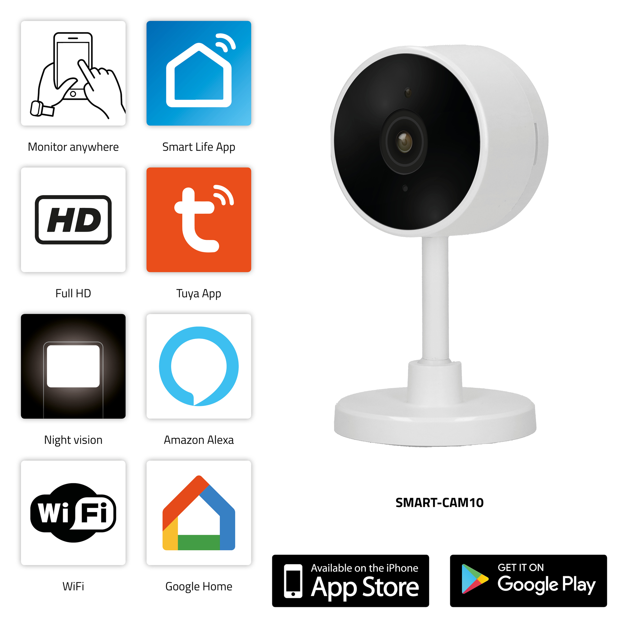 Eine weiße Überwachungskamera mit verschiedenen Sicherheits-Icons, einschließlich App-Store-Download-Icons.