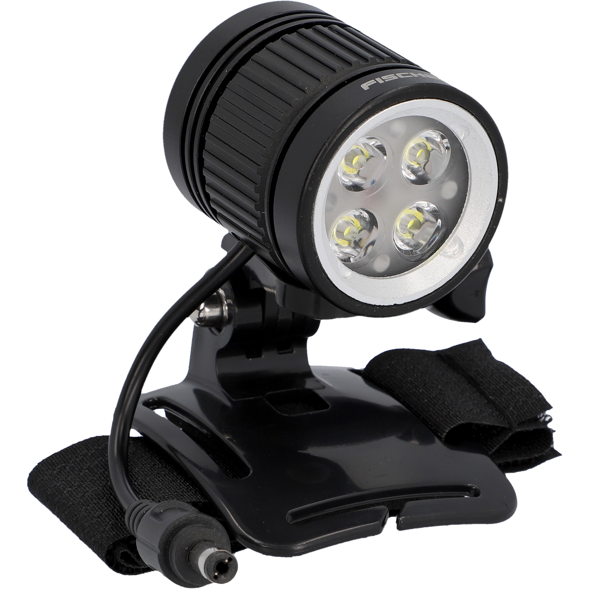 Schwarze Tauchlampe mit vier LEDs, an einem Kopfband befestigt.