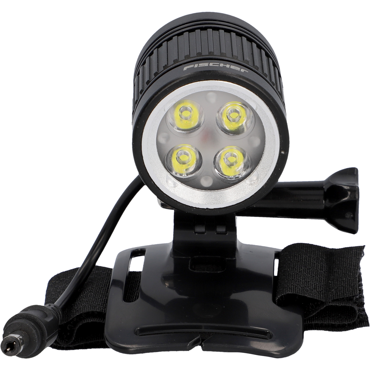 Eine schwarze Unterwasserleuchte mit vier LEDs, montiert an einem Kopfband mit Stromkabel und Stecker.