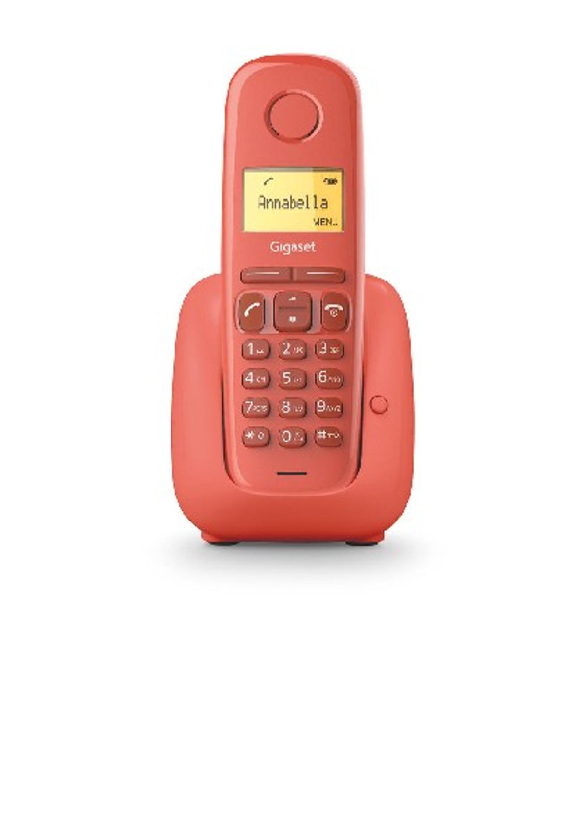 Telefono fisso e base color corallo. Schermo mostra nome 'Annabella' e 'MEN'.