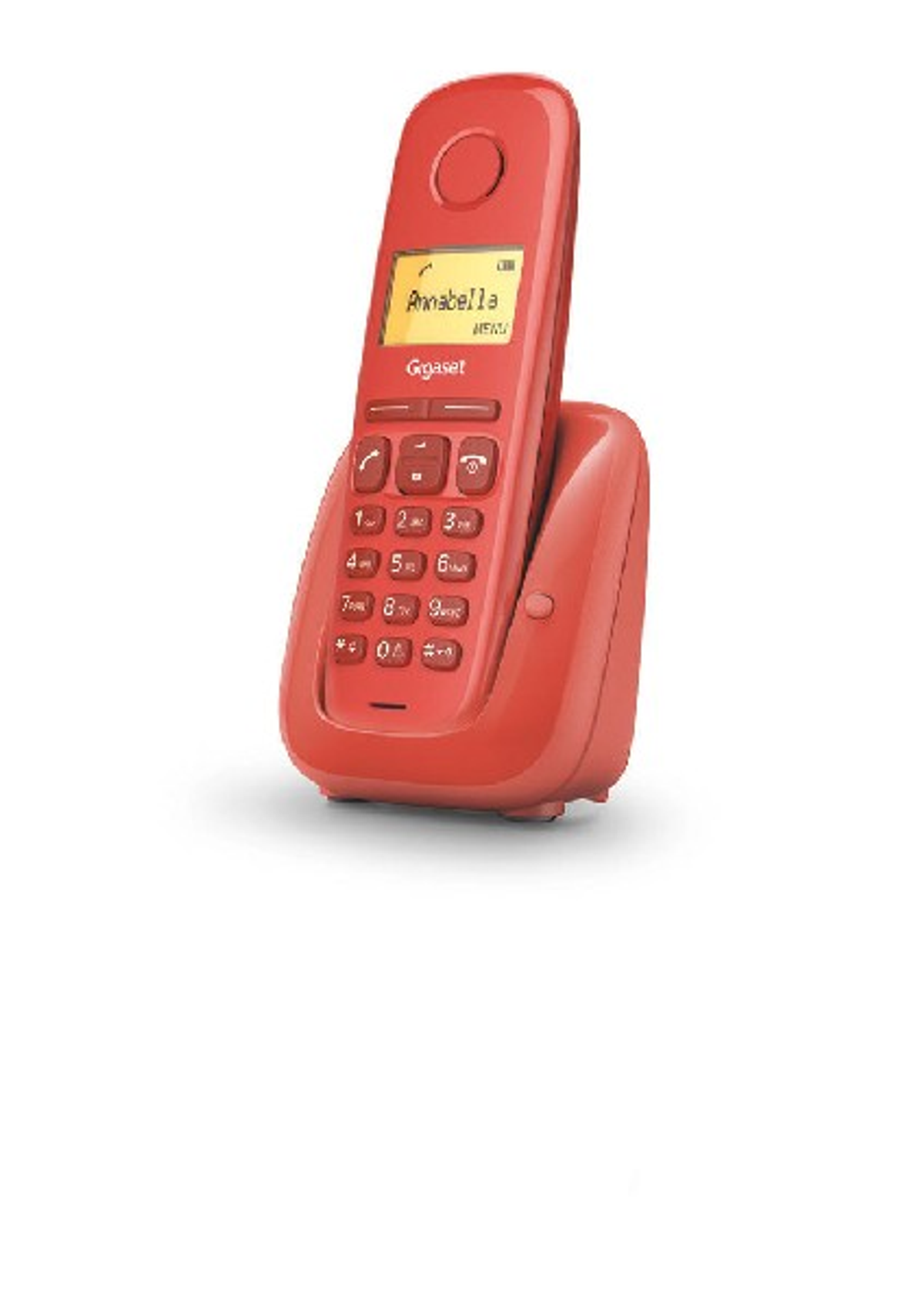 Telefono cordless rosso con base. Il telefono mostra il nome Annabella. Schema di colori rosso e bianco.