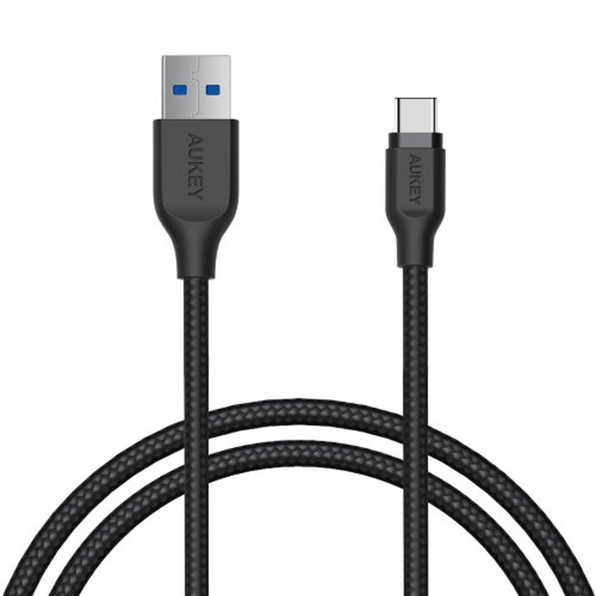 Czarny kabel USB do USB-C. Etykieta AUKEY na obu końcach.