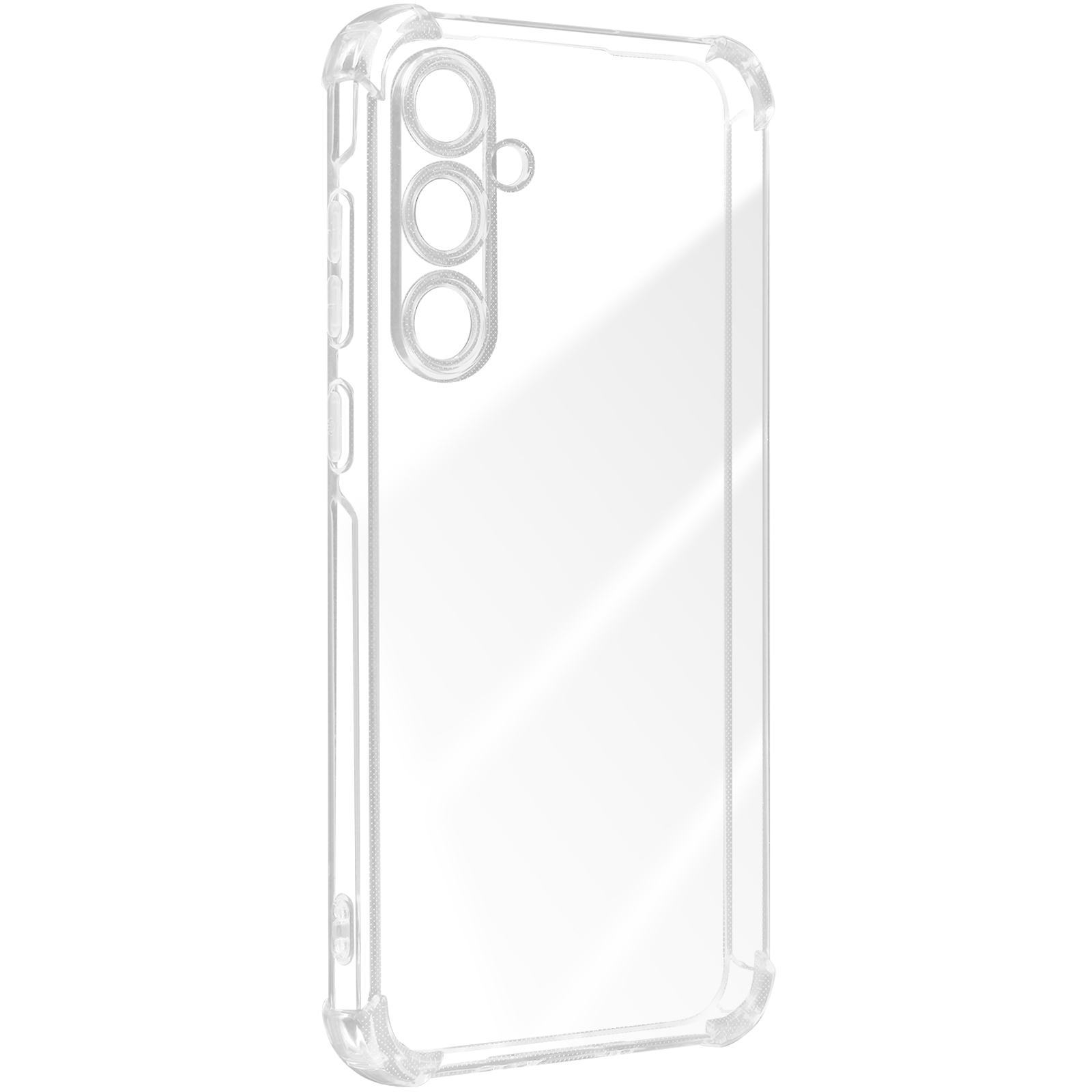 Custodia trasparente per telefono con tre ritagli per fotocamera.