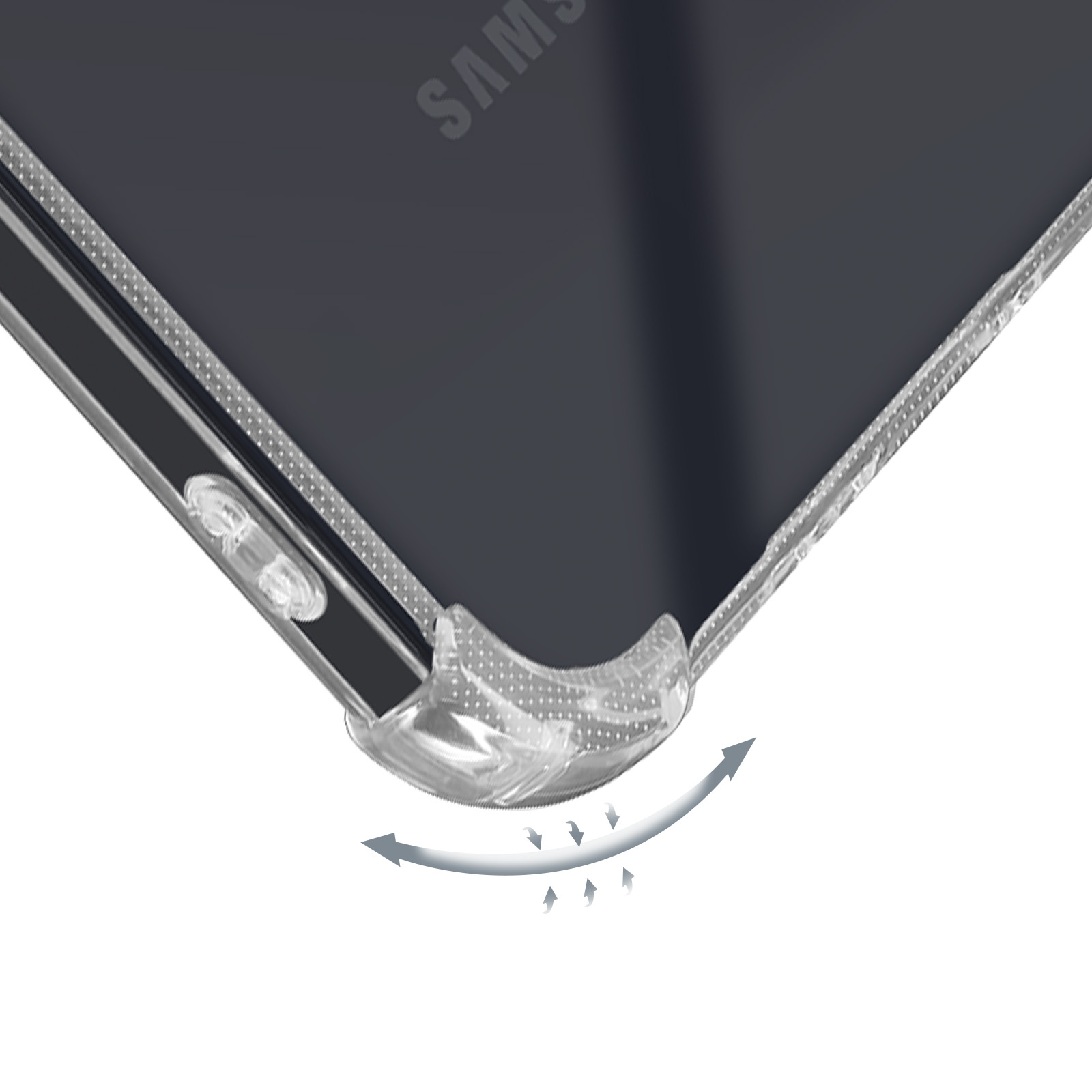 Una custodia trasparente copre un telefono, con il logo Samsung visibile.
