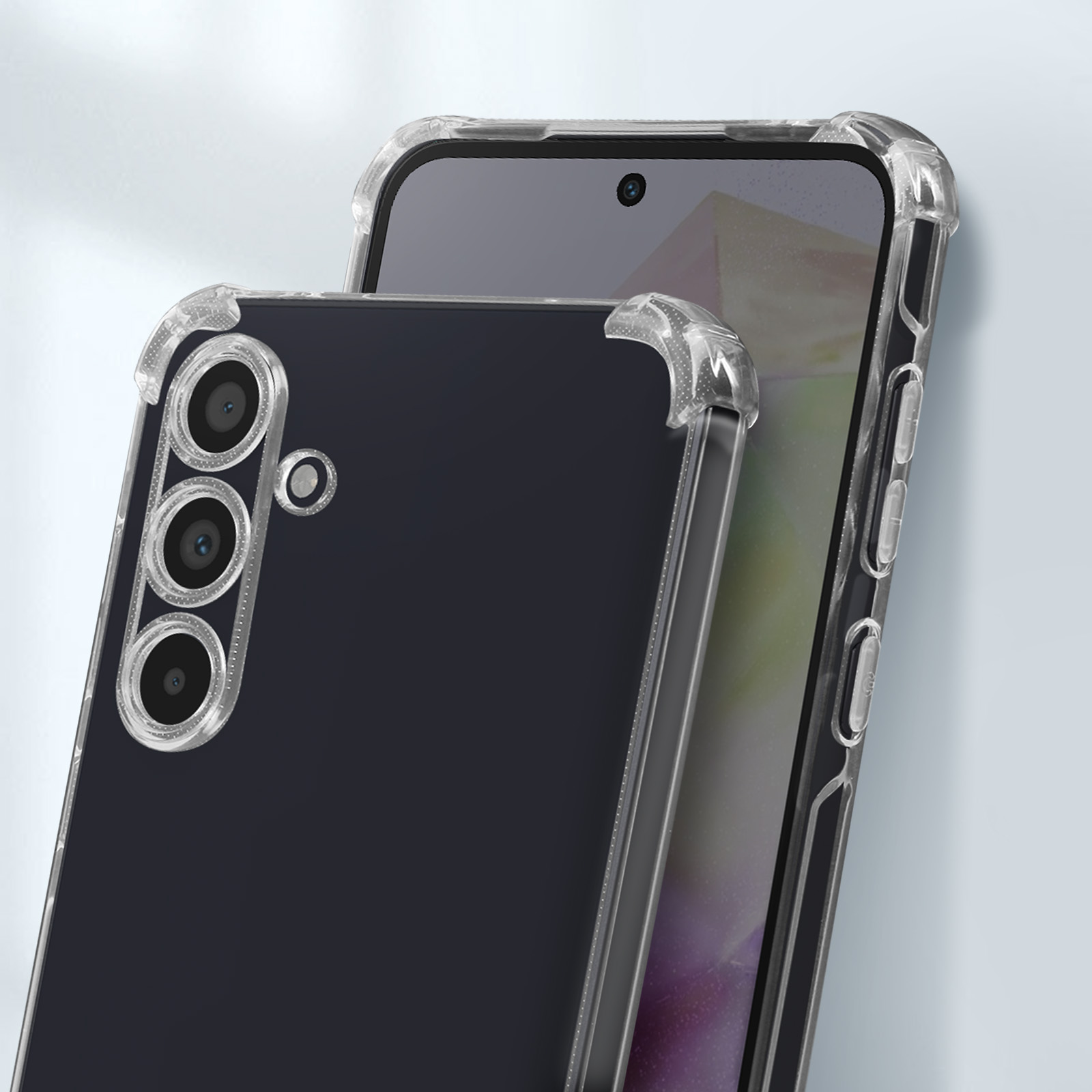 Due smartphone in custodie protettive. Le custodie sono trasparenti, mostrando il design posteriore del telefono.