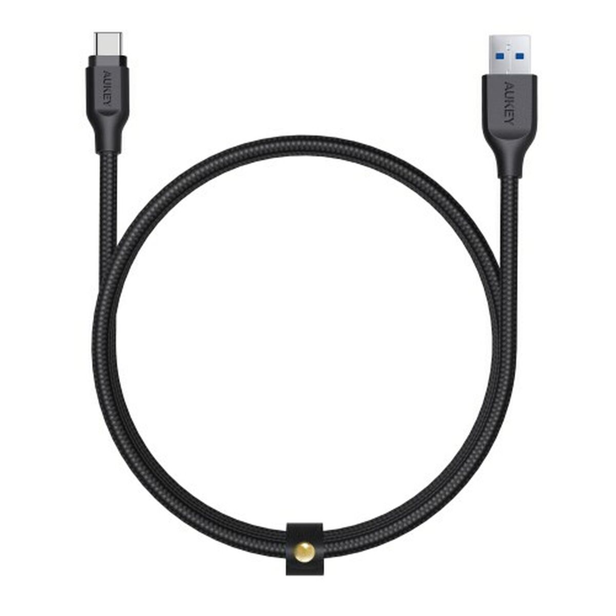 Czarny kabel USB-C do USB. Logo AUKEY na obu końcach. Kabel jest w okręgu.