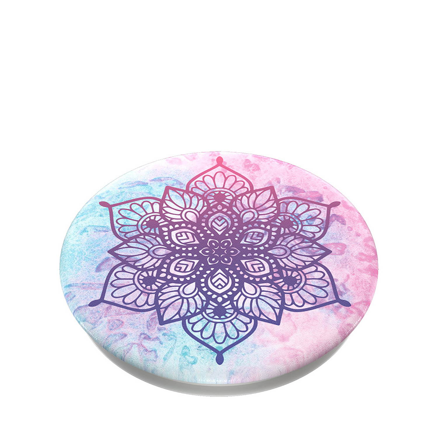 PopSocket redondo con diseño de mandala colorido, rosa, azul y morado.