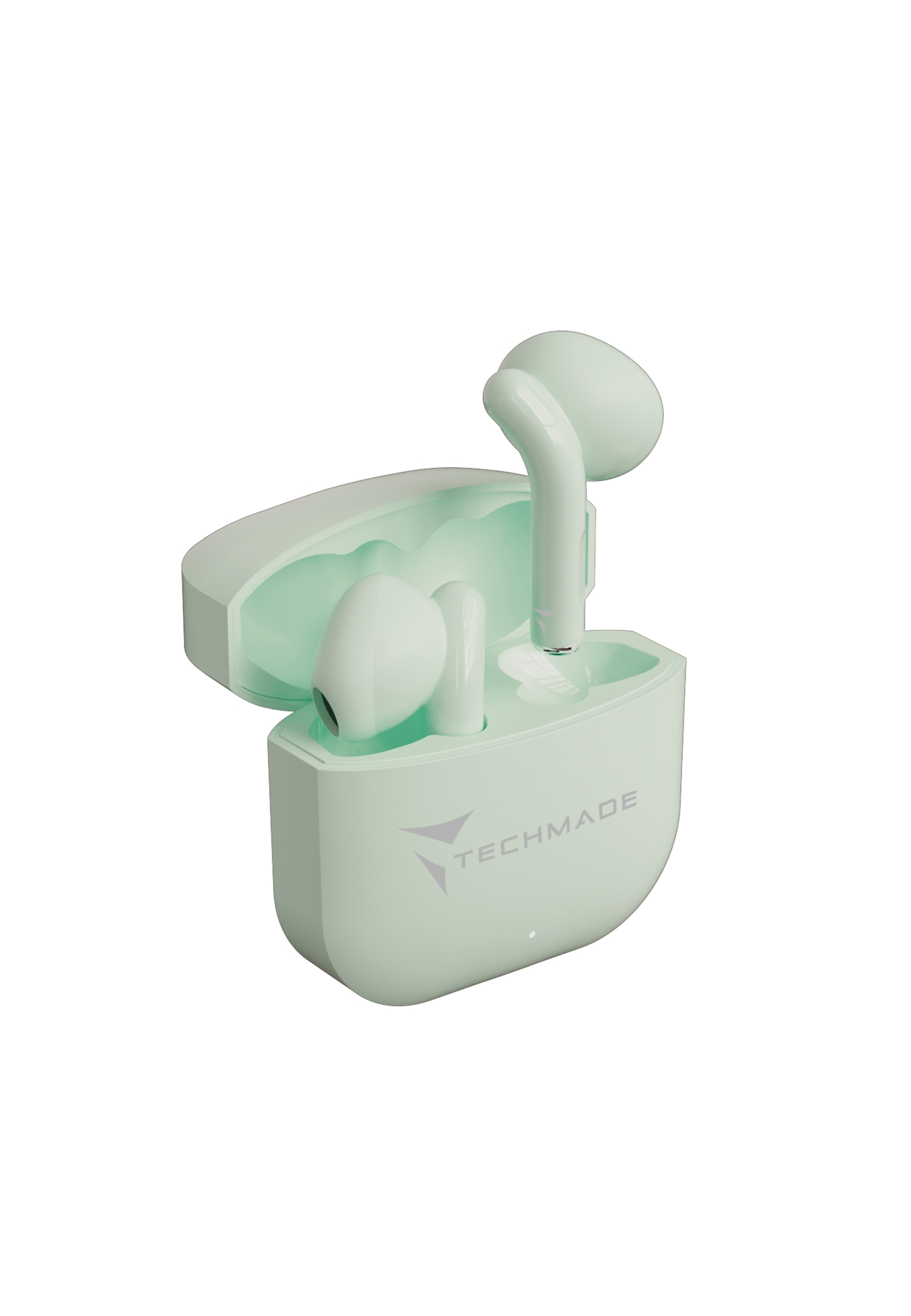Auricolari wireless color menta in custodia di ricarica. La custodia è aperta, auricolari visibili.