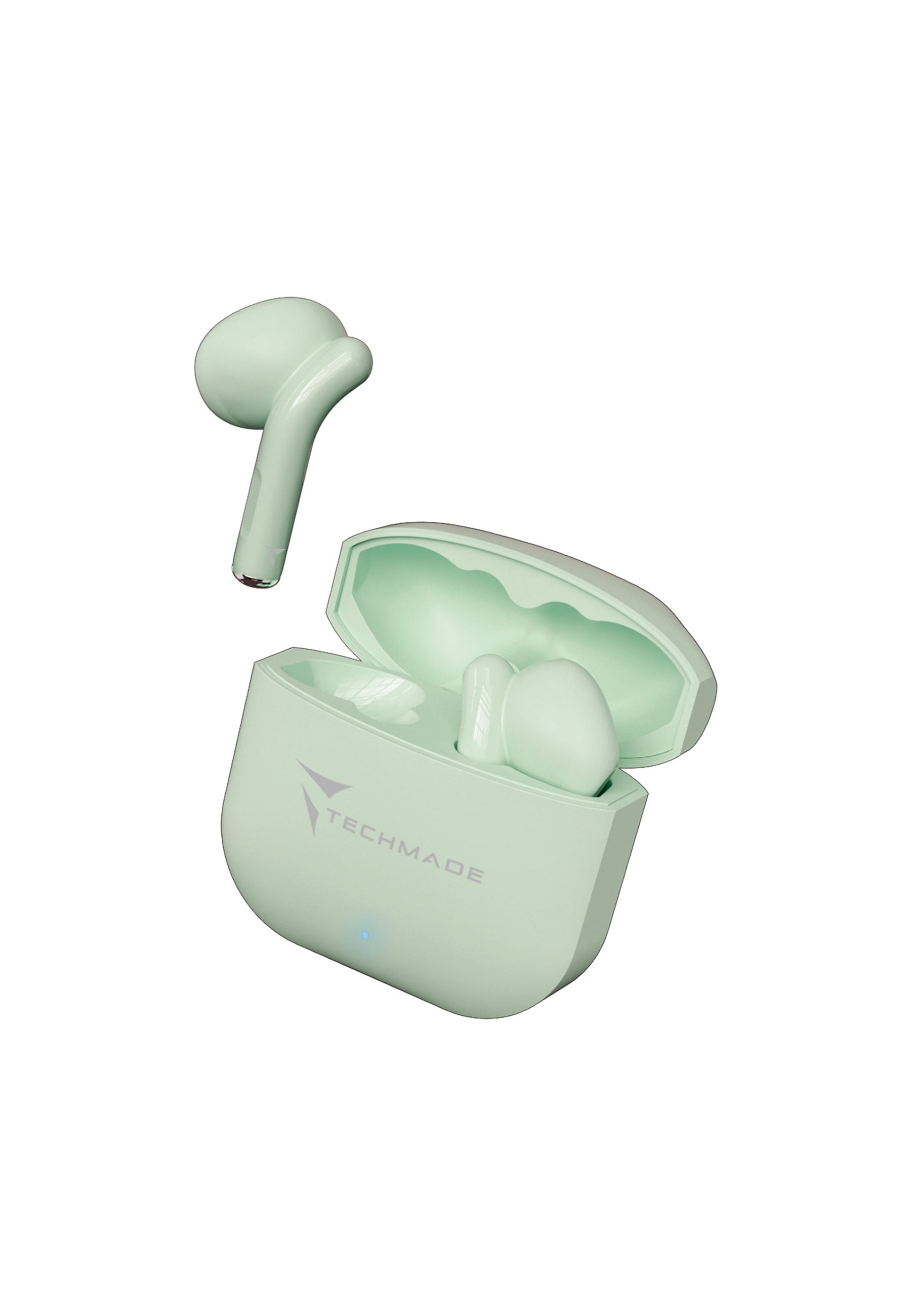 Coppia di auricolari wireless verde menta e custodia di ricarica. Un auricolare fuori dalla custodia.