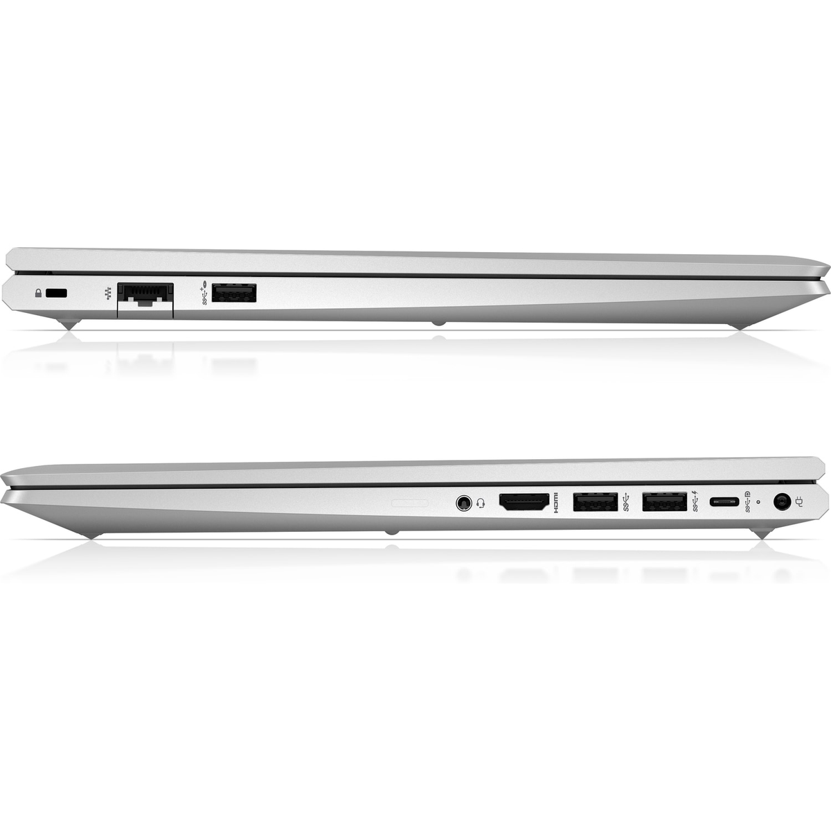 Zwei silberne Laptops von der Seite. Sie haben Anschlüsse an den Seiten. Der Bildschirm ist geschlossen.