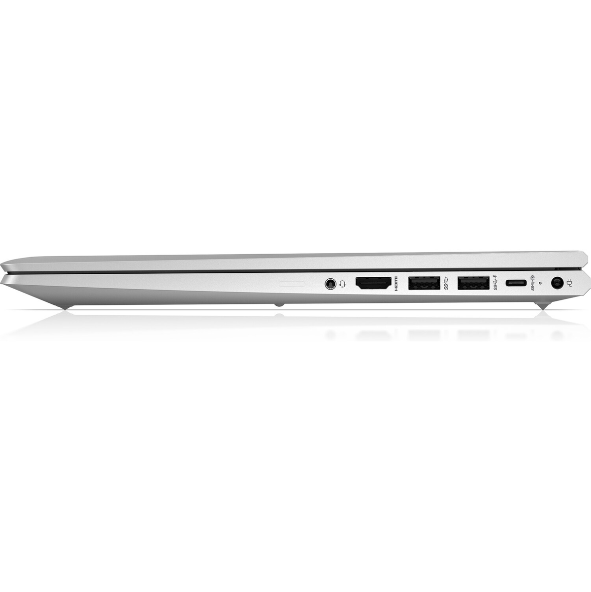 Seitenansicht eines silbernen Laptops mit Anschlüssen und Verbindungen am Rand.