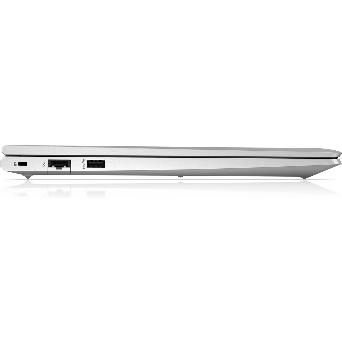 Silberner Laptop, Seitenansicht, Anschlüsse sichtbar, auf weißem Hintergrund, mit Schatten.