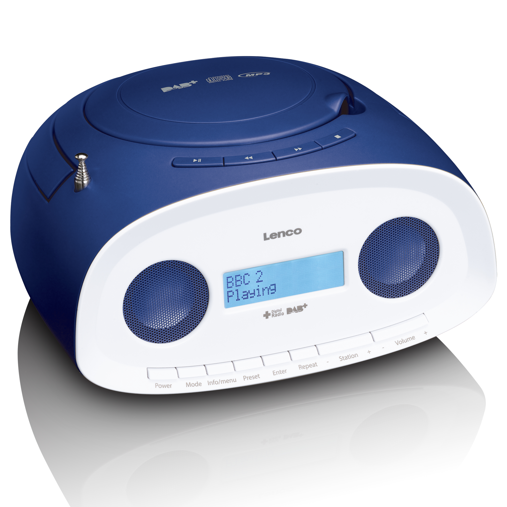 Blaues und weißes Retro-Radio mit Digitalanzeige, die „BBC 2 Playing“ anzeigt.