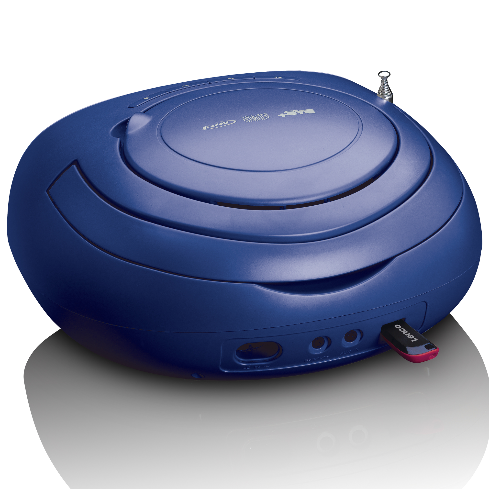Blauer CD-Player mit USB-Anschluss und Lenco-Etikett.