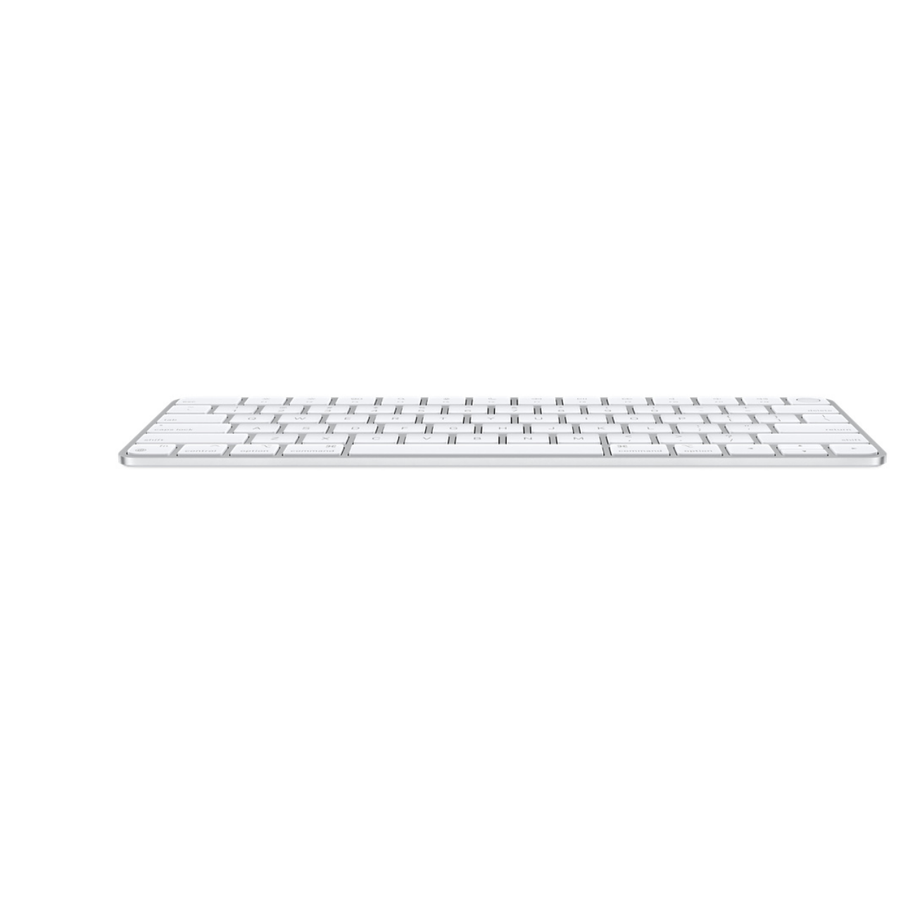 Biała klawiatura Apple Magic Keyboard, widok z boku, na białym tle.