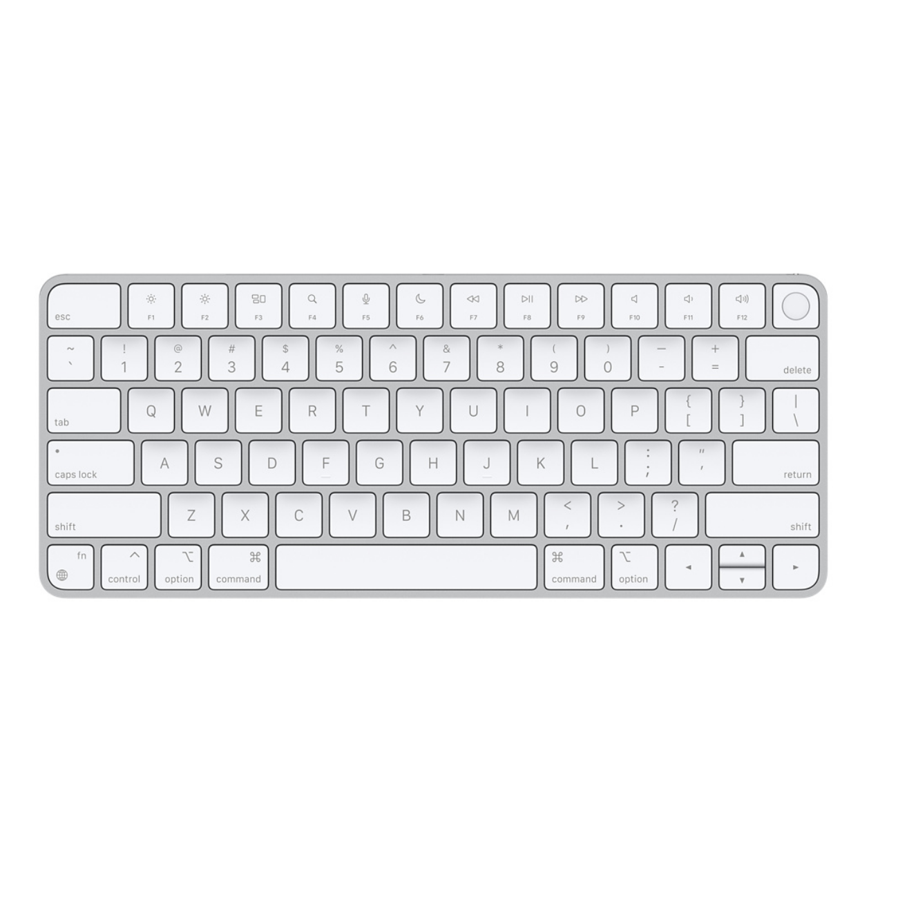 Biała klawiatura Apple z widocznymi klawiszami i symbolami. Znajduje się na białym tle.