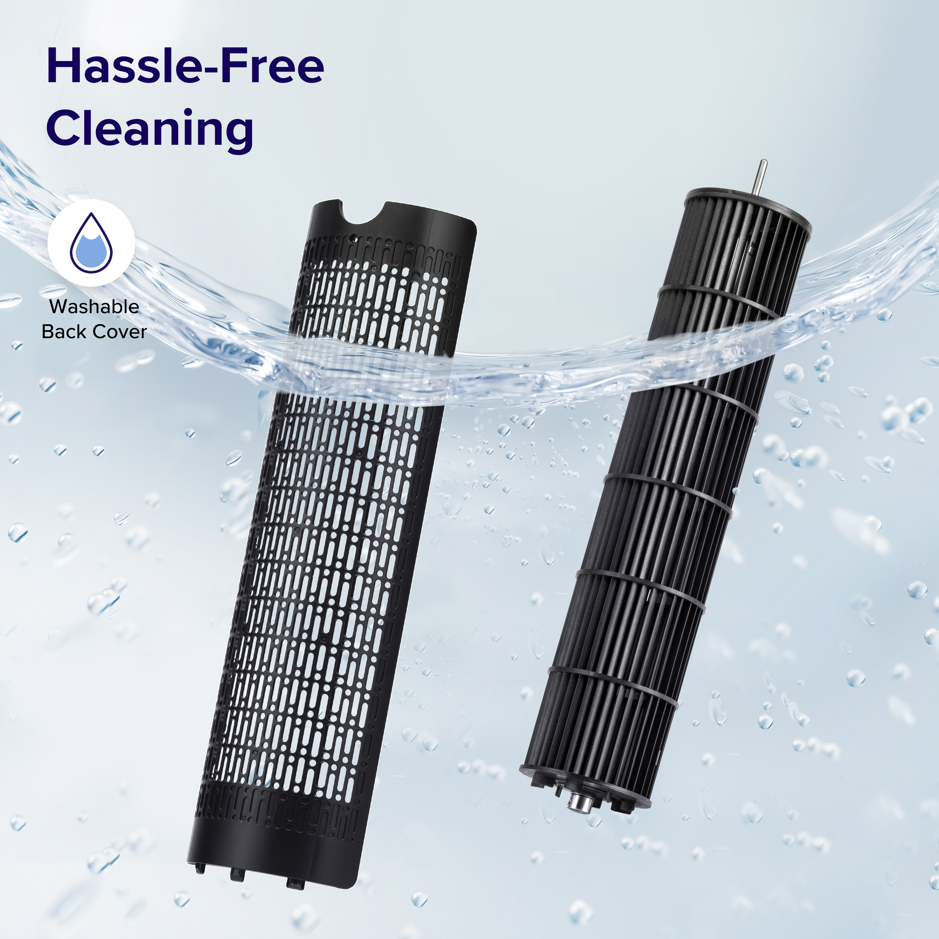 Zwei schwarze Lüfterteile mit Wassertropfen. Text: Hassle-Free Cleaning, Washable Back Cover.