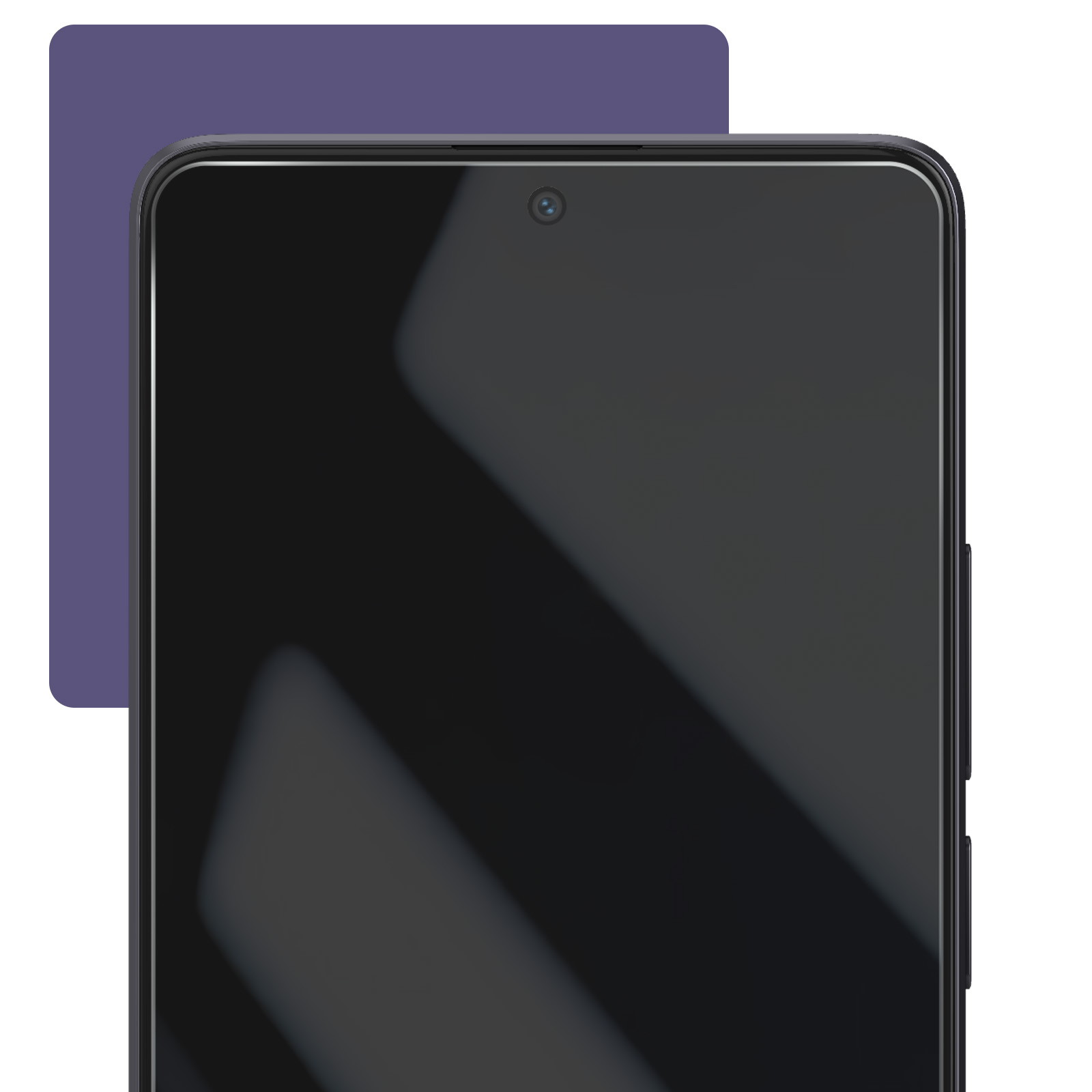 Primo piano di uno smartphone nero con schermo, fotocamera e sfondo viola. Sfondo bianco.