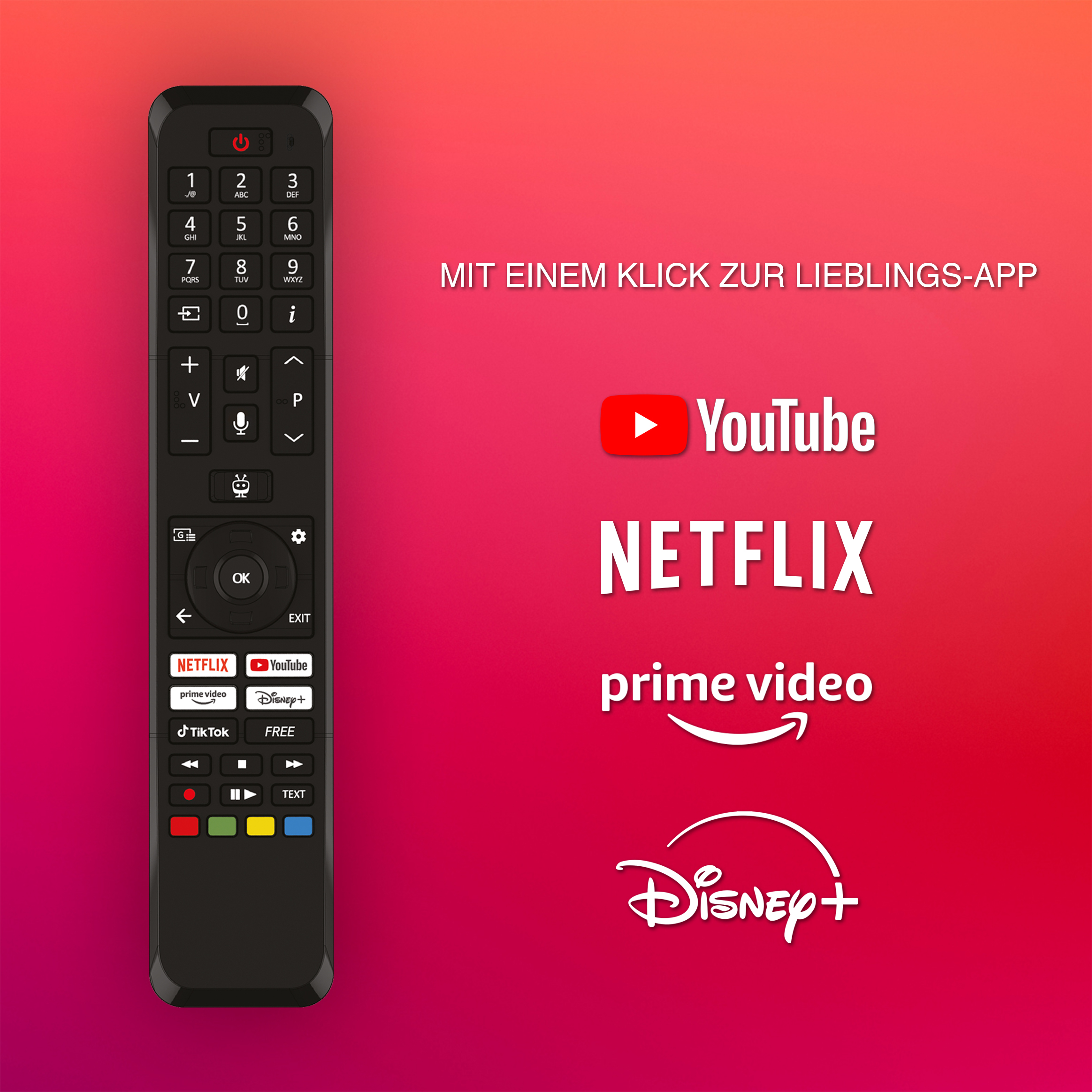 Schwarze Fernbedienung mit mehreren Tasten. Der Bildschirm zeigt Logos für Youtube, Netflix und Prime Video.