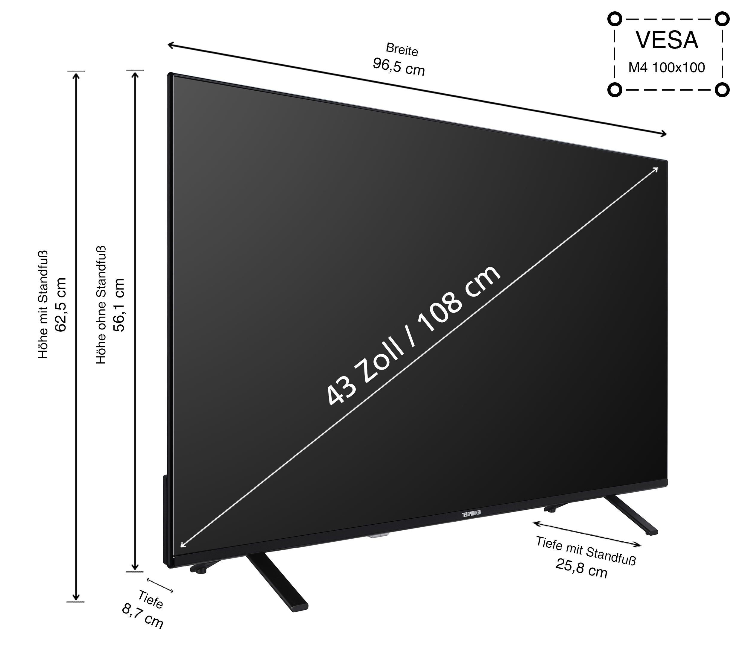 Schwarzer Fernseher mit Abmessungen. Texte: 43 Zoll, Höhe mit Ständer, Höhe ohne Ständer.