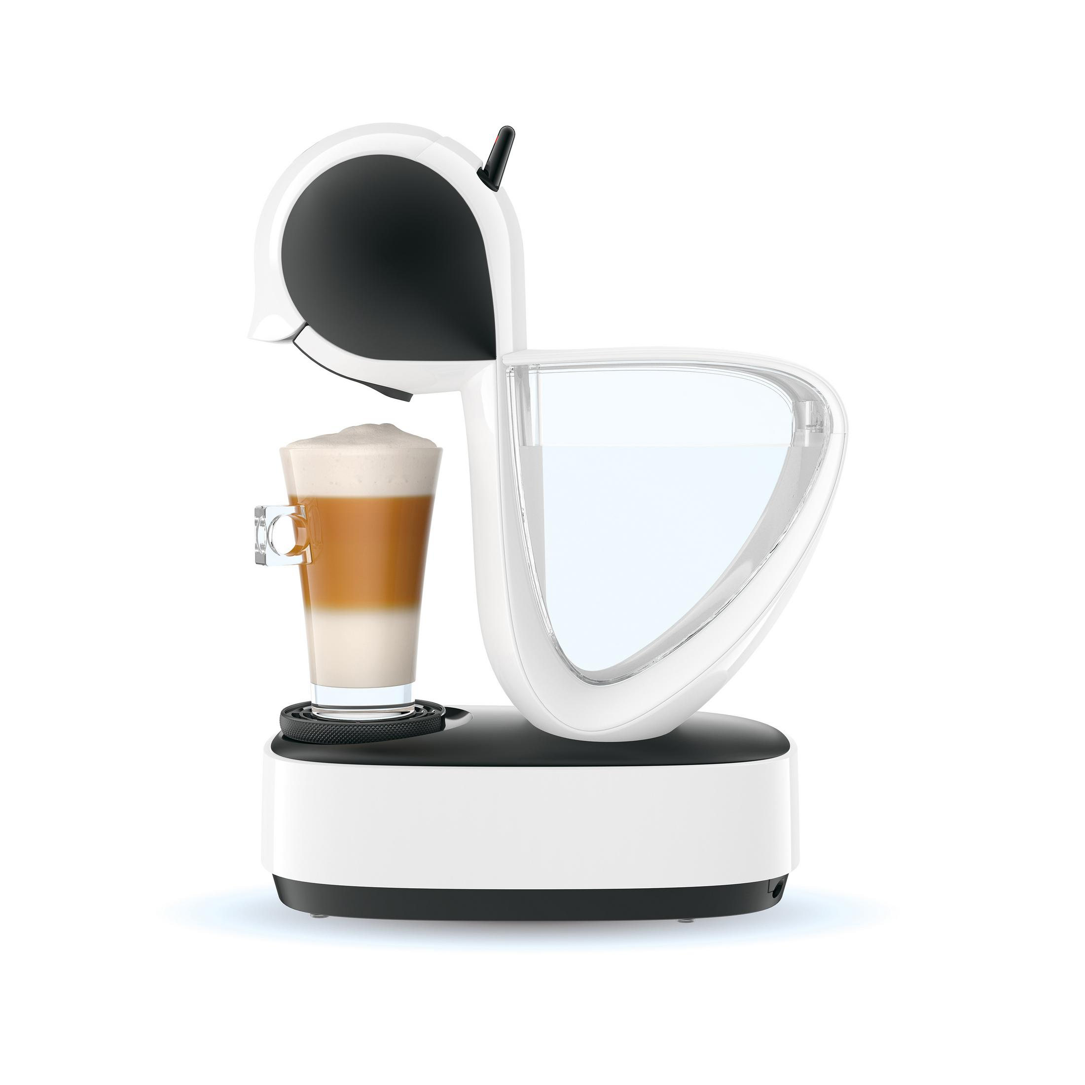 Weiß-schwarze Kaffeemaschine mit Latte Macchiato und einem Glas.