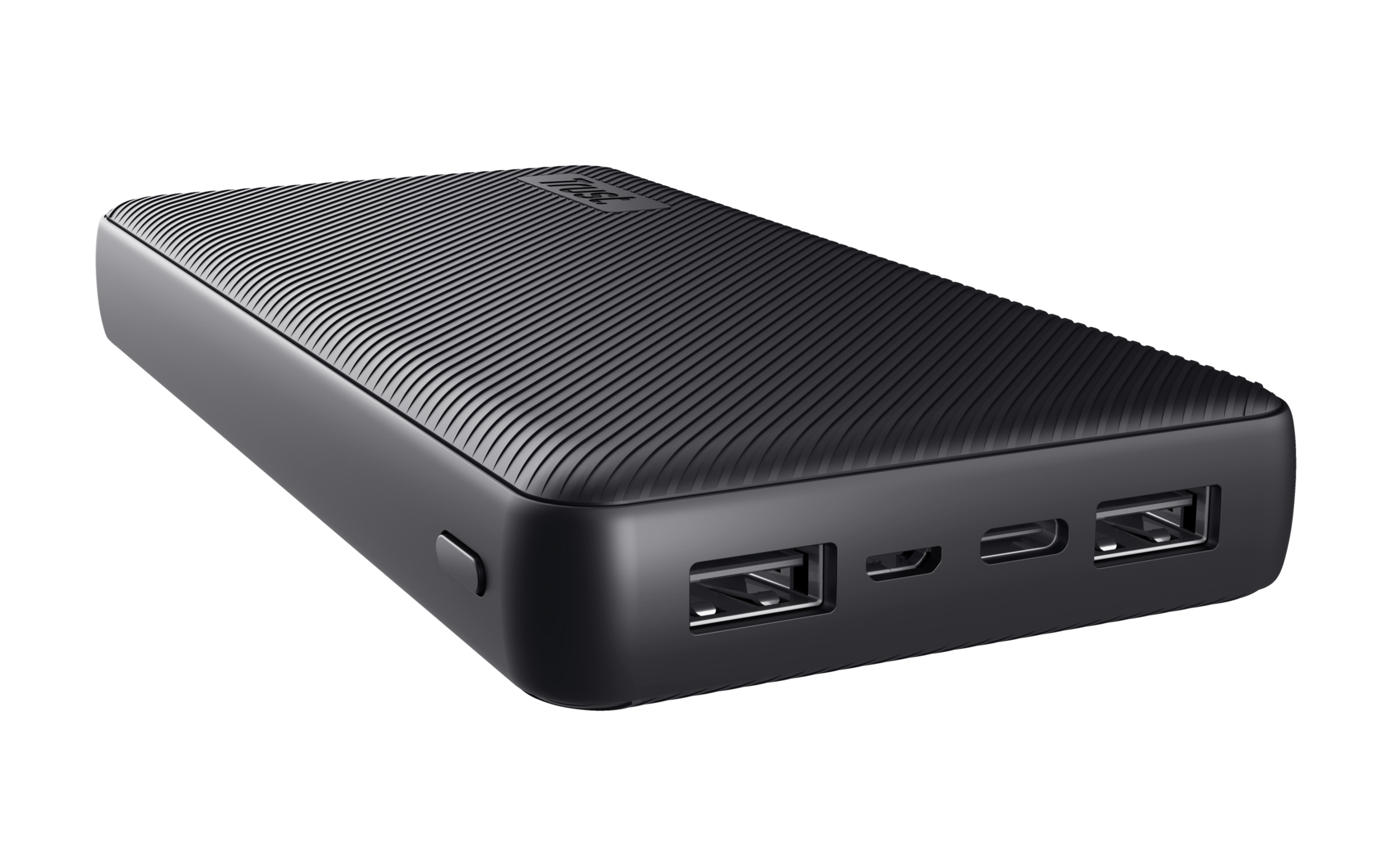 Czarny power bank z żebrowaną teksturą. Posiada porty USB z jednej strony.