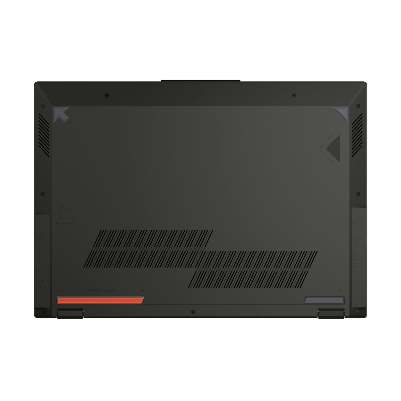 Il fondo di un laptop nero. Ha prese d'aria, viti e un'etichetta ASUS.
