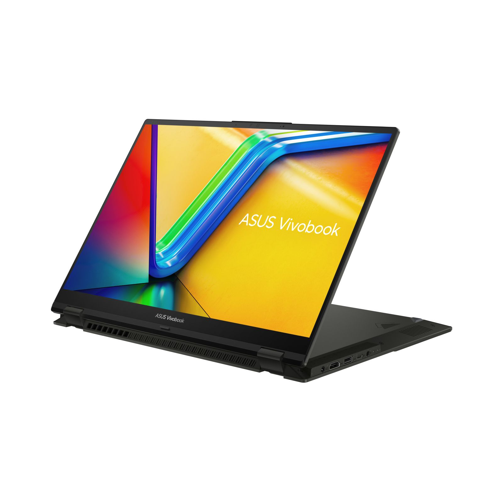 Laptop ASUS Vivobook nero, aperto ad angolo, che mostra lo schermo e la tastiera. Lo sfondo è bianco.