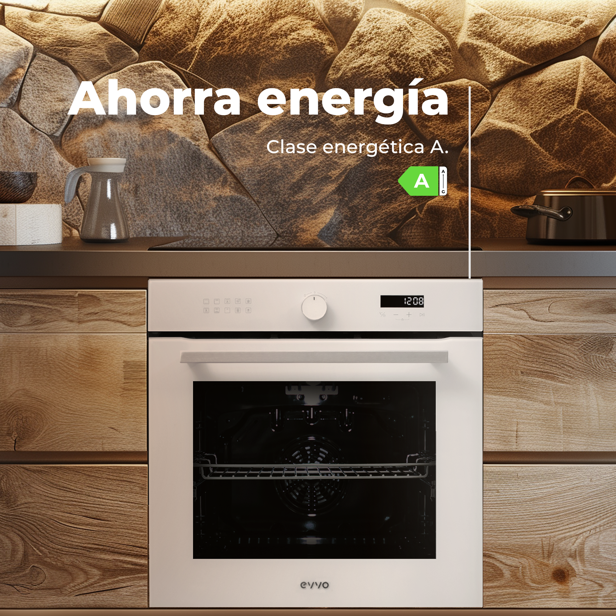 Horno blanco en una cocina con etiqueta de eficiencia energética y texto.