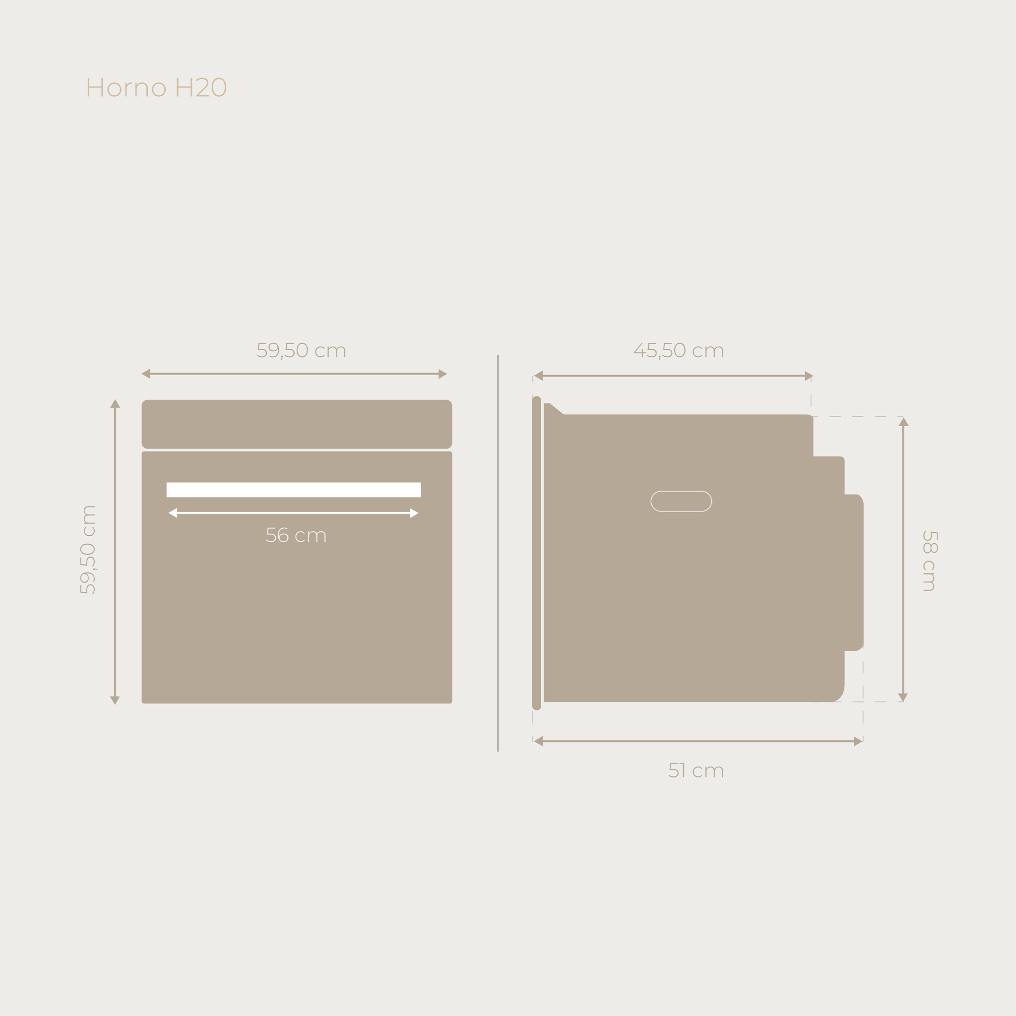 Un diagramma di un forno, con misure. Viste laterali e frontali sono mostrate.