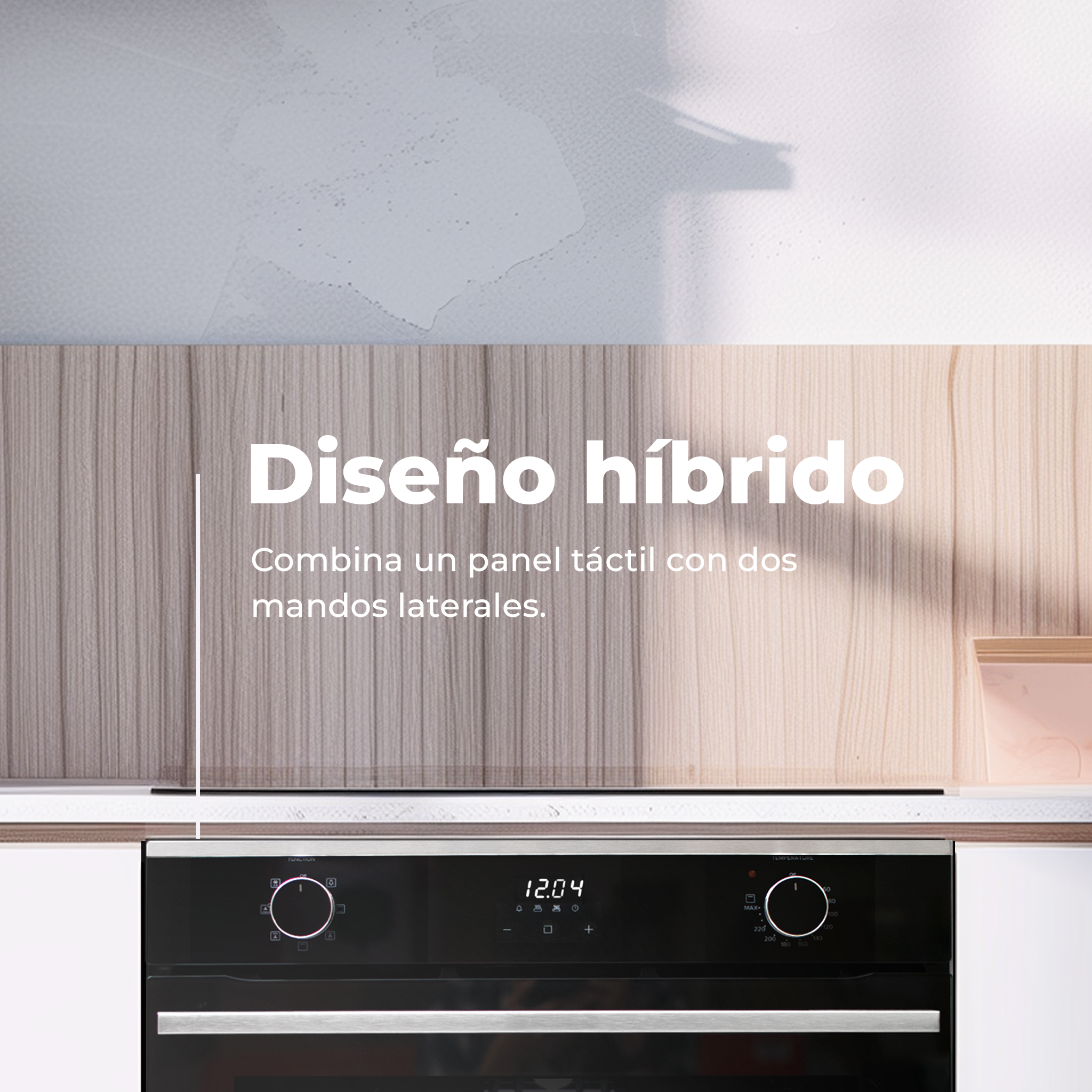 Forno con display digitale. Il testo dice "Diseño híbrido" e descrizione.