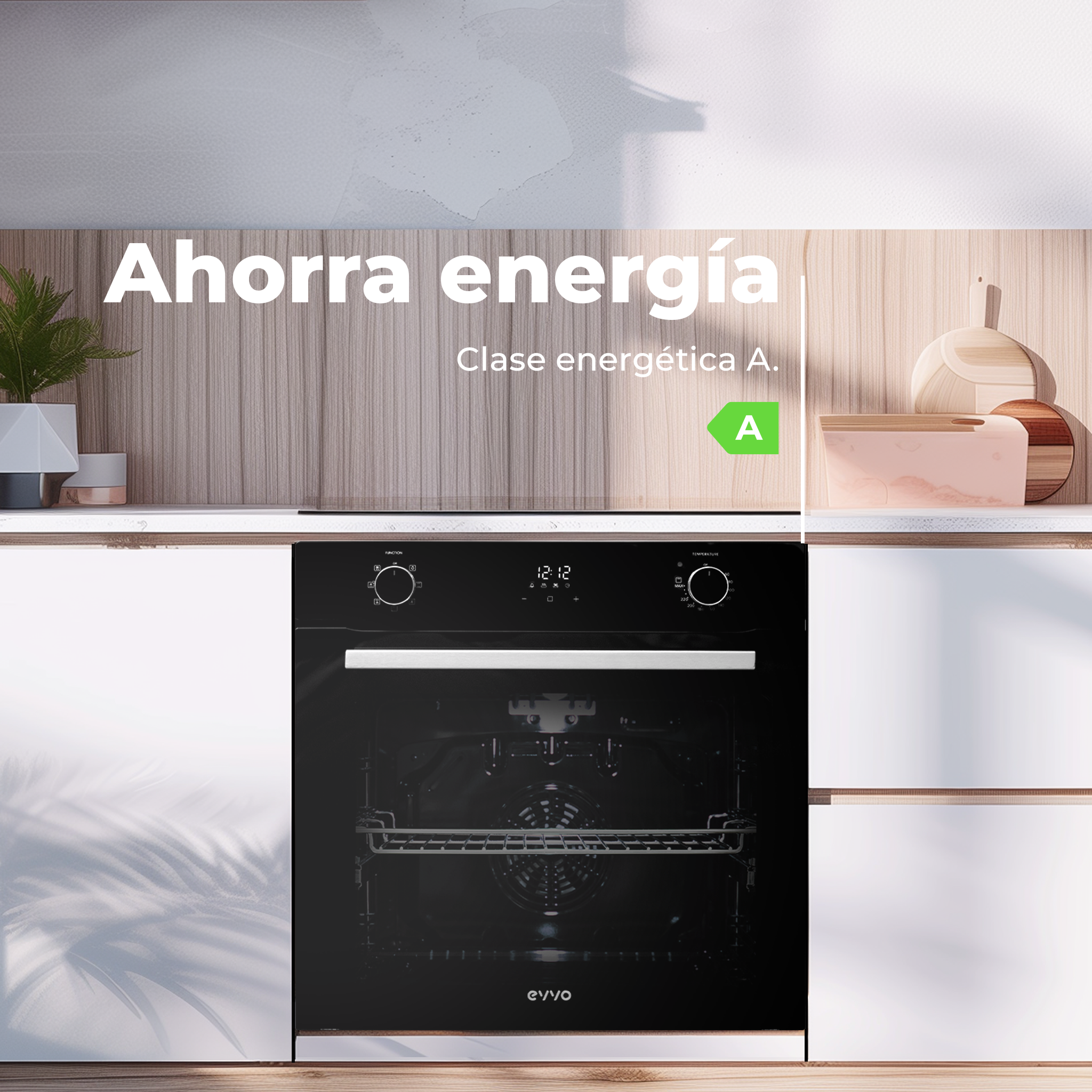 Forno in una cucina con testo. 'Ahorra energia' e 'Clase energetica A'.
