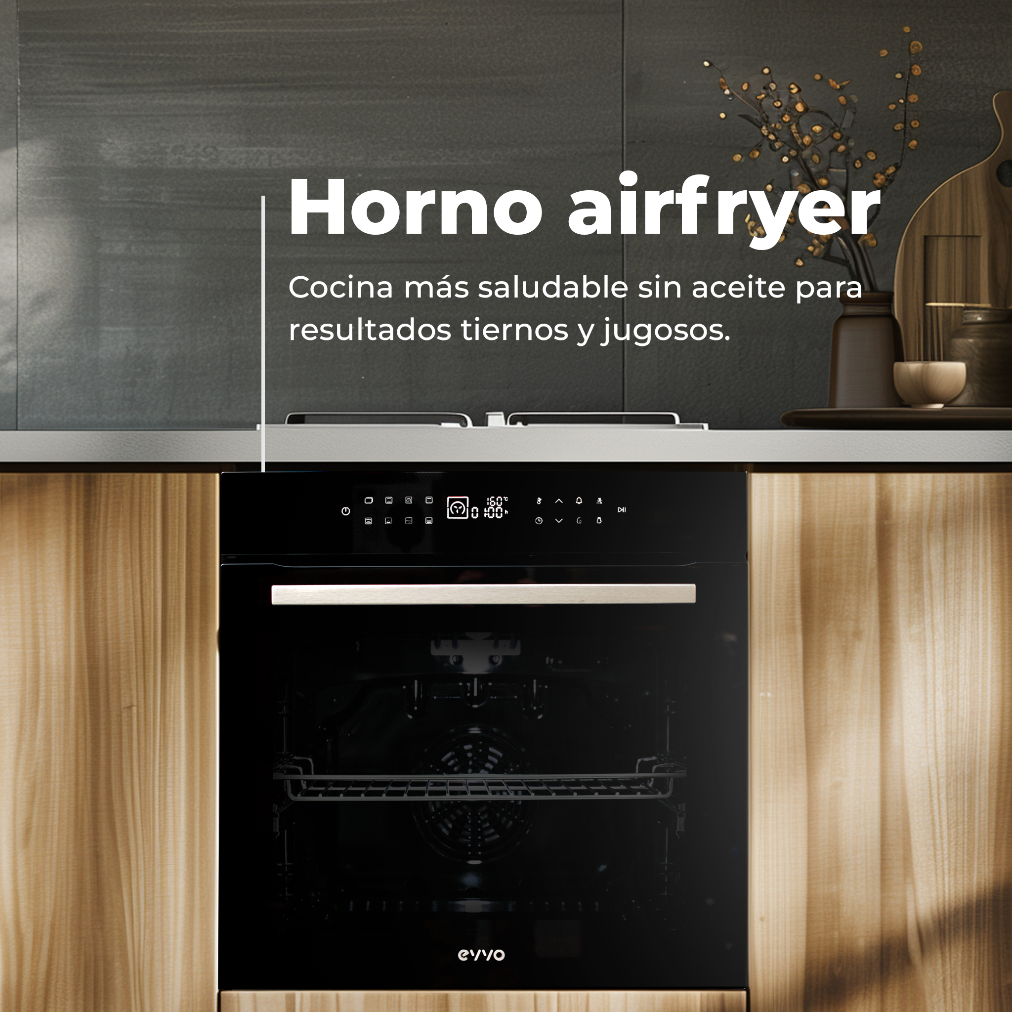 Un forno friggitrice ad aria nero integrato con mobile in legno in una cucina.