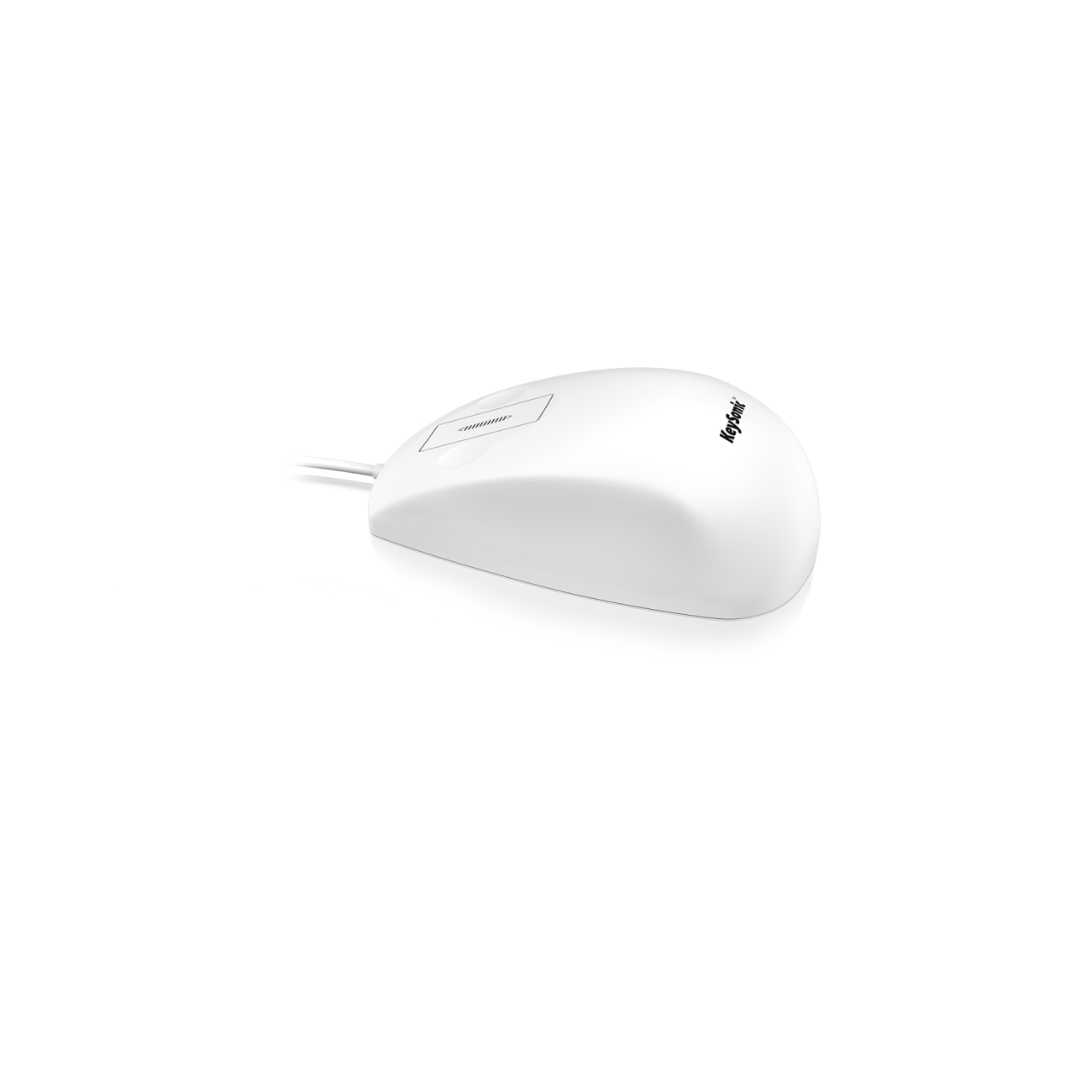 White computer mouse with a curved shape. The name 'KeySonic' is on the side. Simple, clean design.