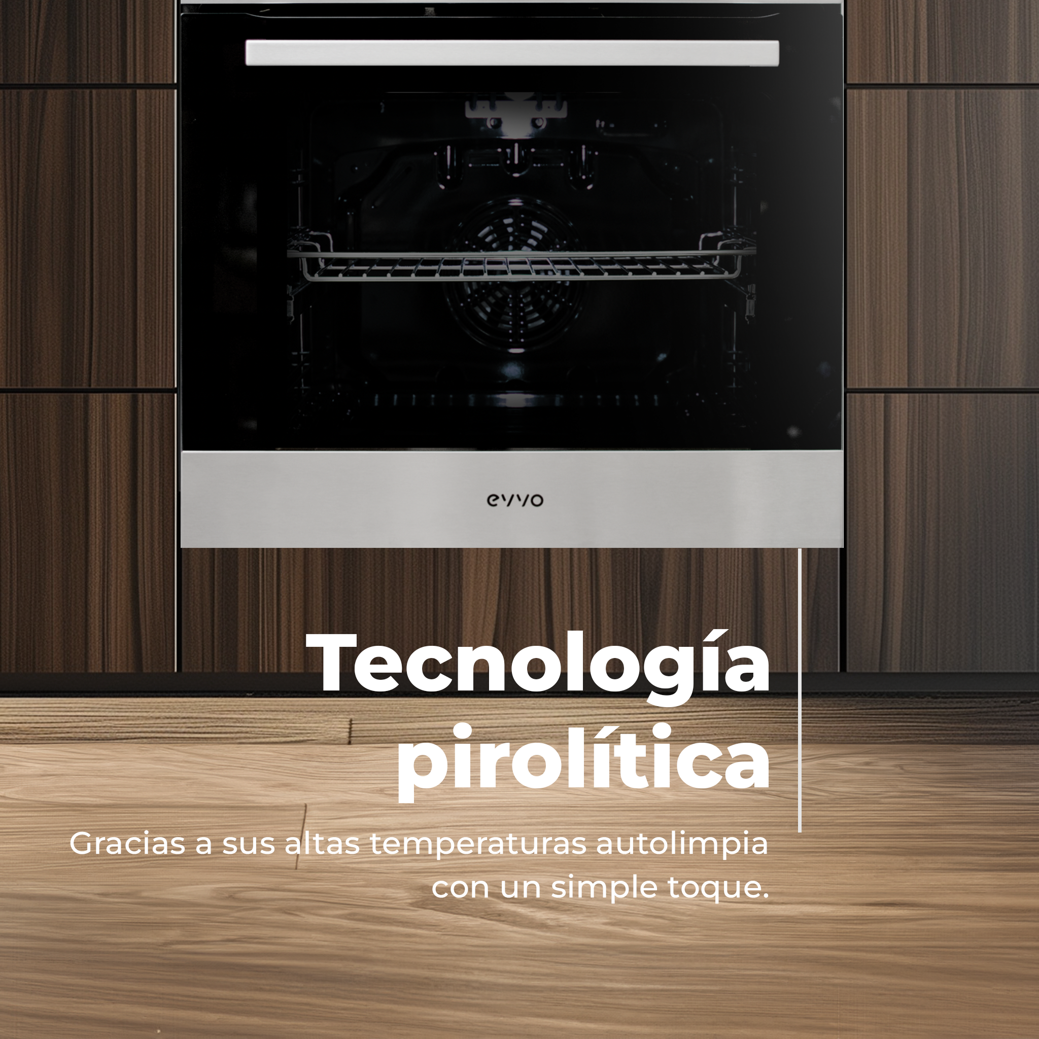 Forno moderno, aperto, su sfondo in legno. Testo: Tecnologia pirolitica, autopulente.