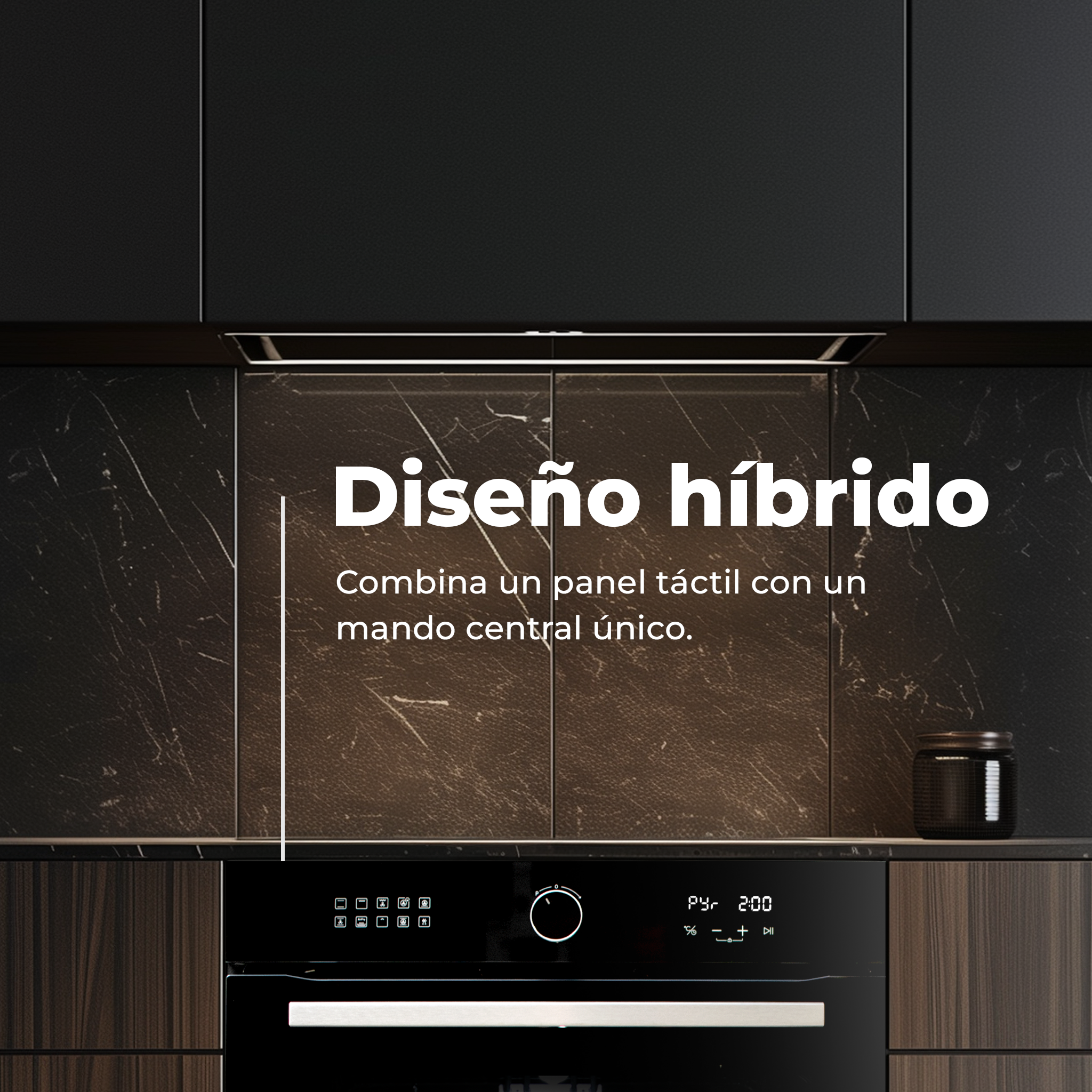 Configurazione cucina con forno moderno e testo sovrapposto sul design ibrido, sfondo scuro.