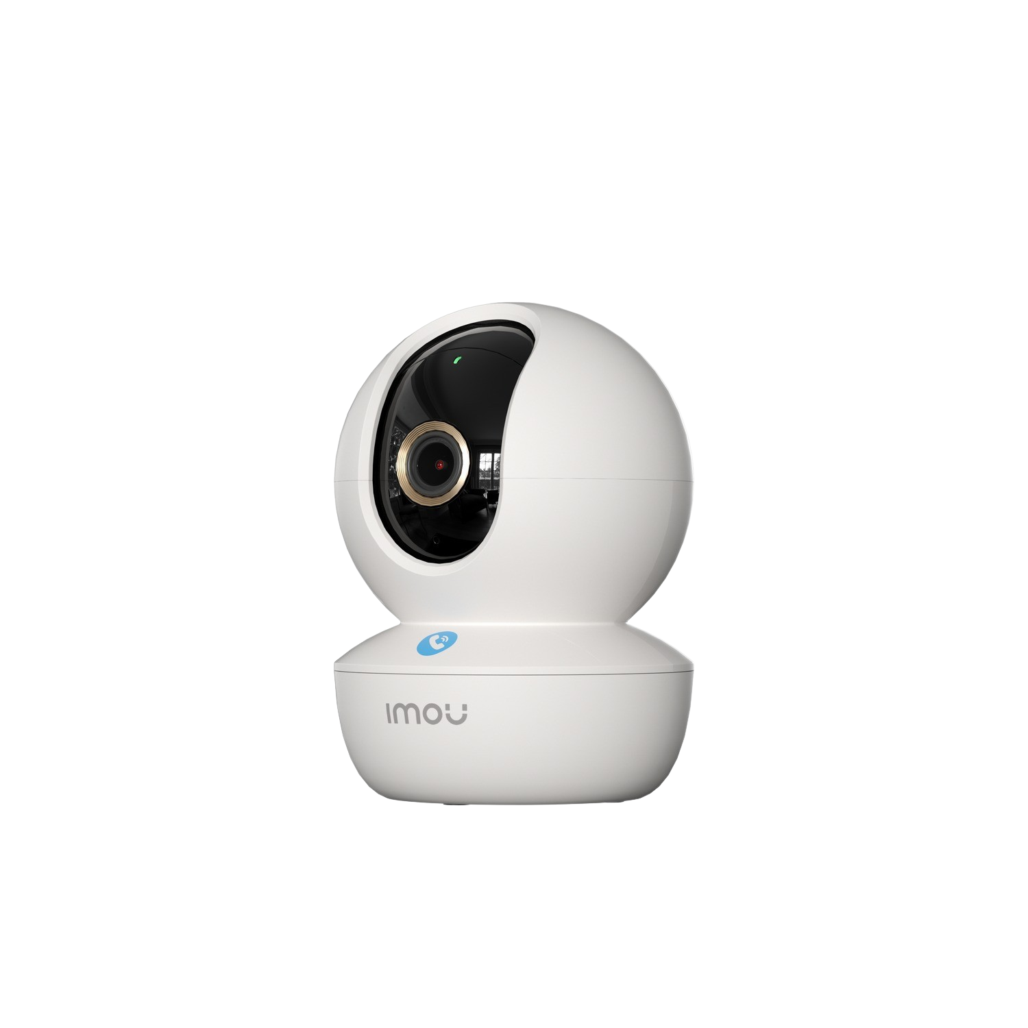 Biała, zaokrąglona kamera bezpieczeństwa z czarnym obiektywem, przodem, na czarnym tle.