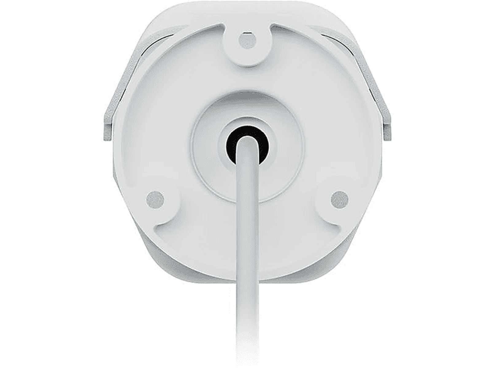 Biała kamera, widok od dołu, z przewodem. Czarne tło.