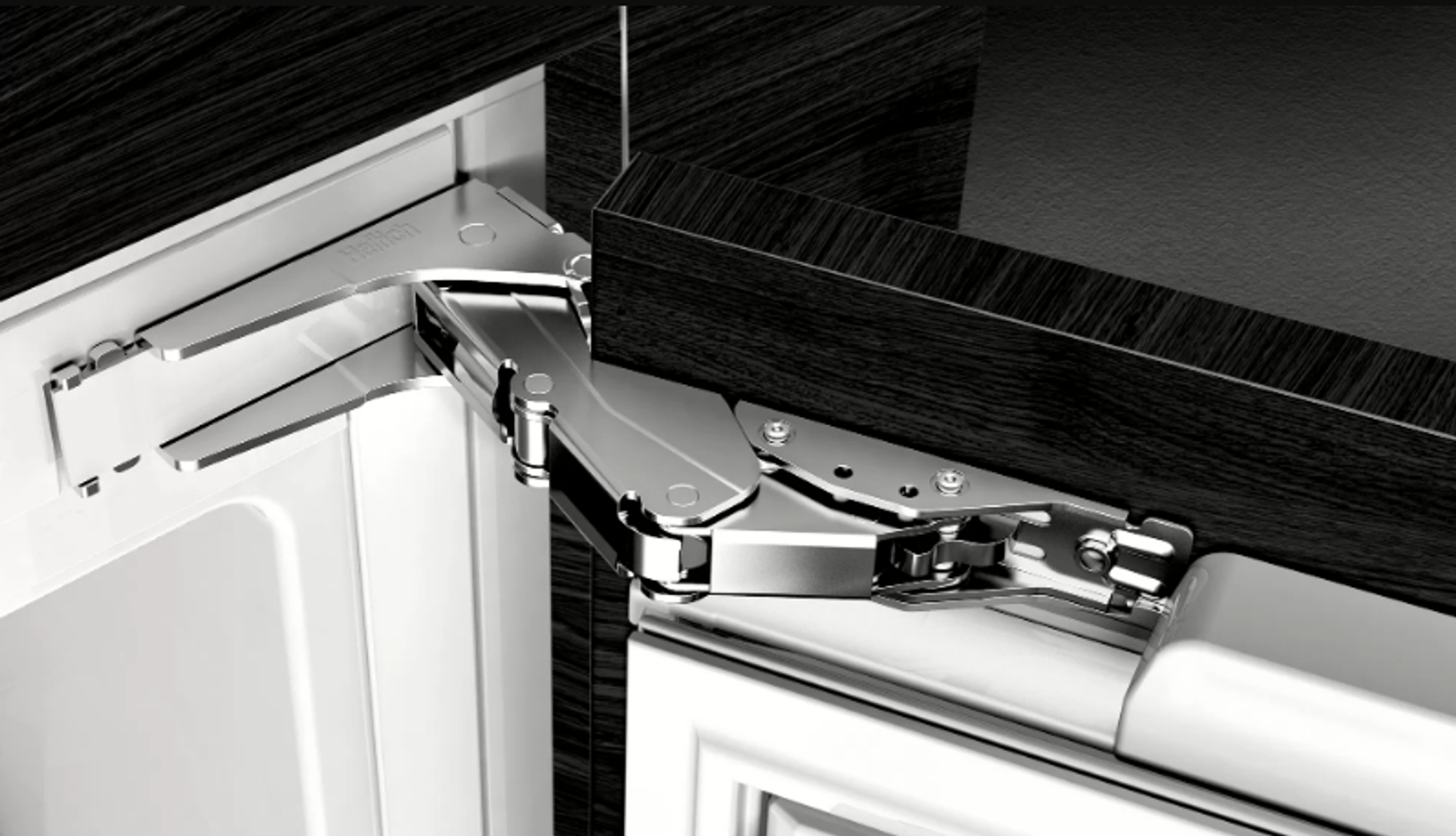 A close-up of a refrigerator hinge, showing the metal mechanism.