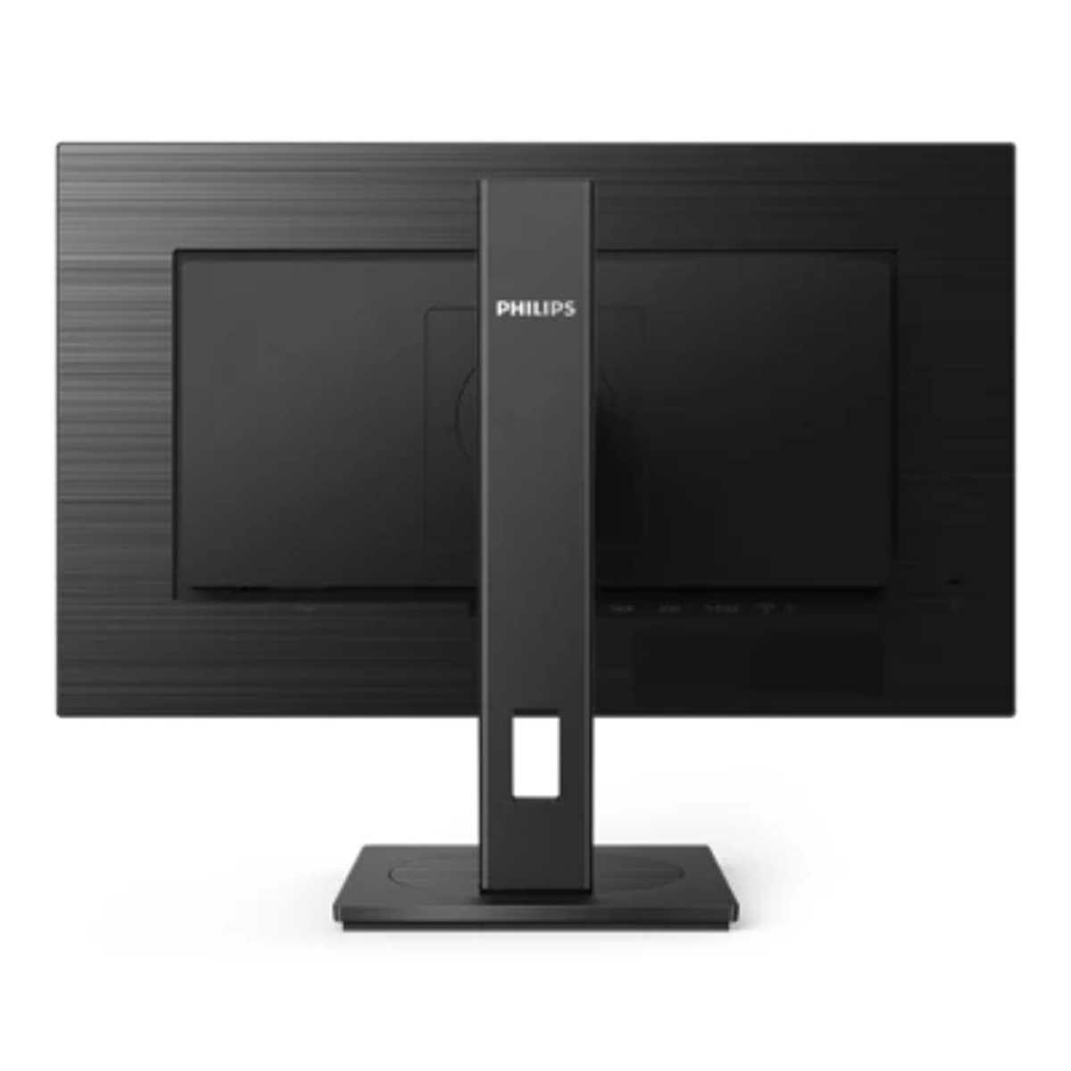 Widok z tyłu czarnego monitora Philips na stojaku, z logo Philips pośrodku.
