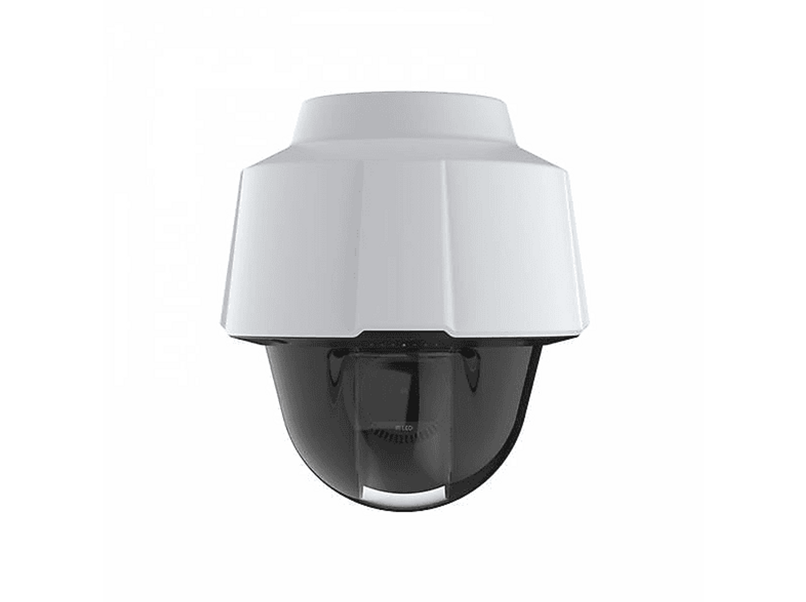 Biało-czarna kamera bezpieczeństwa w kształcie kopuły z białą górą, czarne tło.