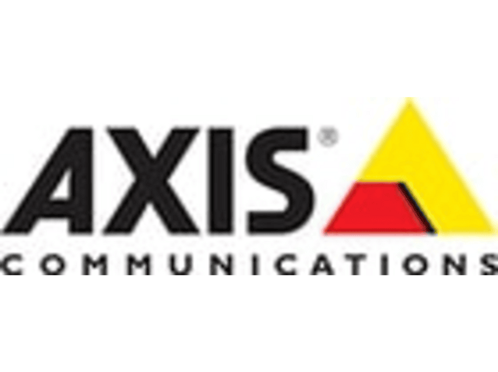 Logo Axis Communications: AXIS pogrubioną czcionką, z żółtym i czerwonym trójkątem.
